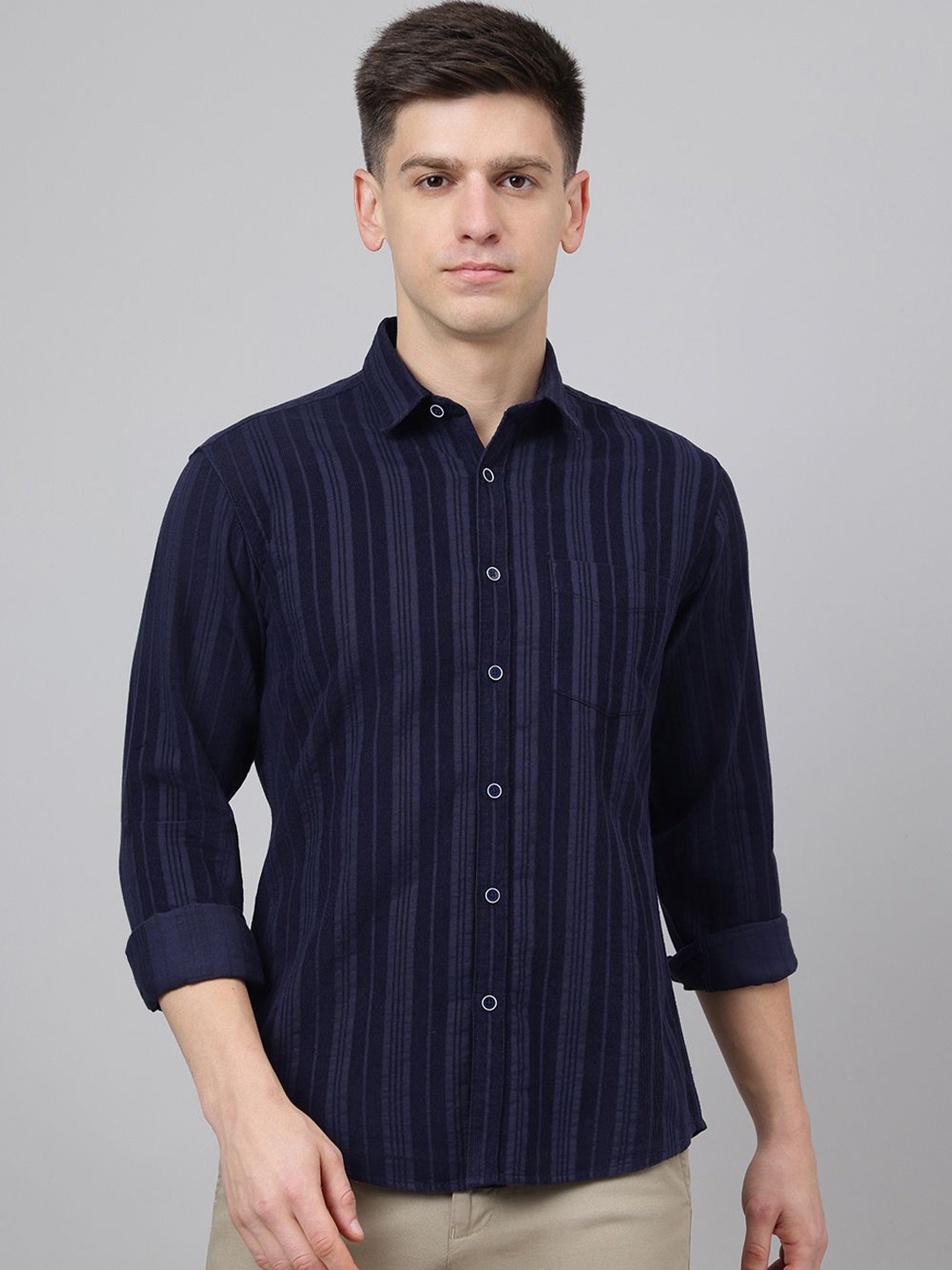 

Richlook Men Comfort Fit Spread Collar Vertical Striped Cotton Casual Shirt, Navy blue