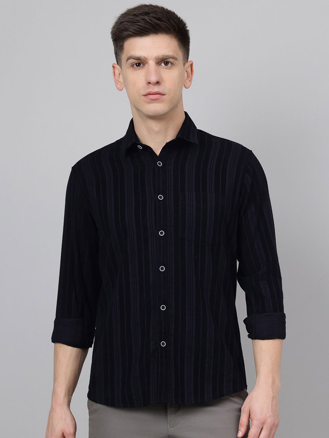 

Richlook Men Comfort Fit Spread Collar Vertical Striped Cotton Casual Shirt, Black