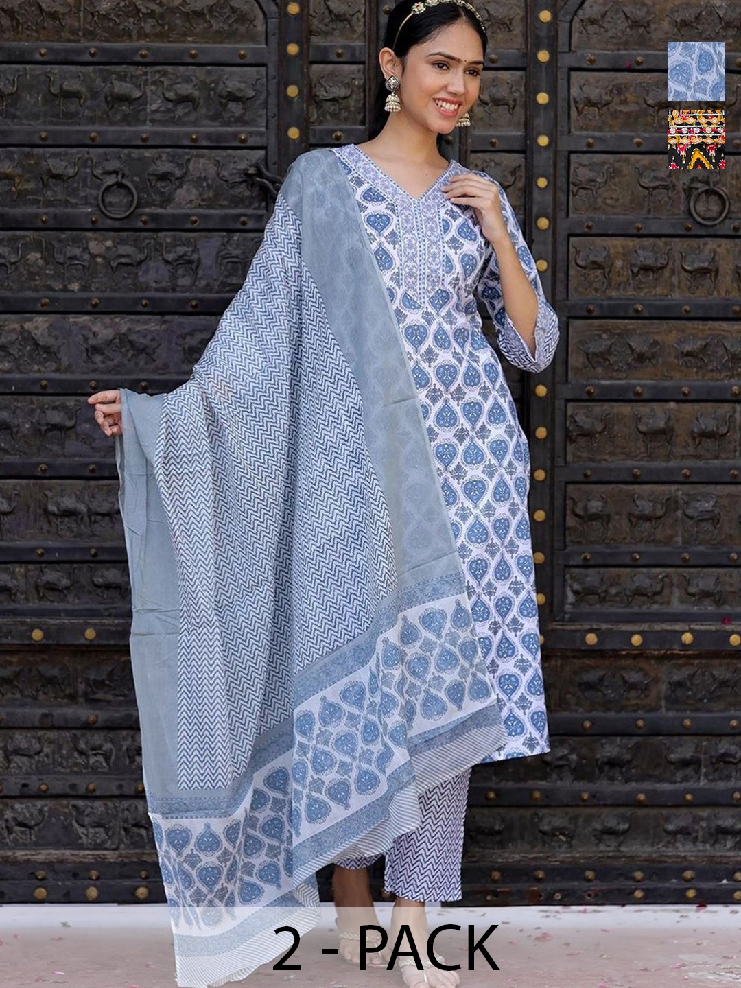 

KALINI Rudra Selection of 2 Ethnic Motifs Printed Straight Kurta With Trousers And Dupatta, Blue