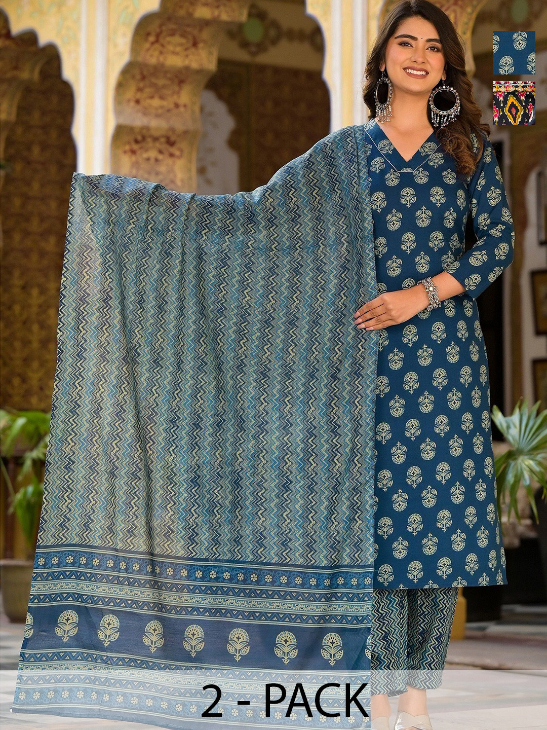 

KALINI Selection of 2 Ethnic Motifs Printed Straight Kurta with Trousers & Dupatta, Blue