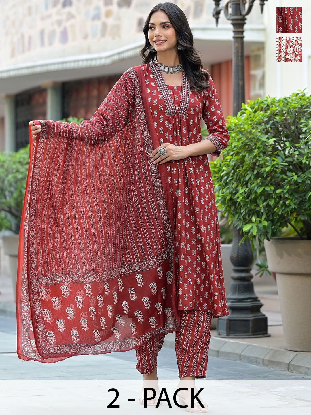 

KALINI Selection of 2 Ethnic Motifs Printed Straight Kurta with Trousers & Dupatta, Maroon