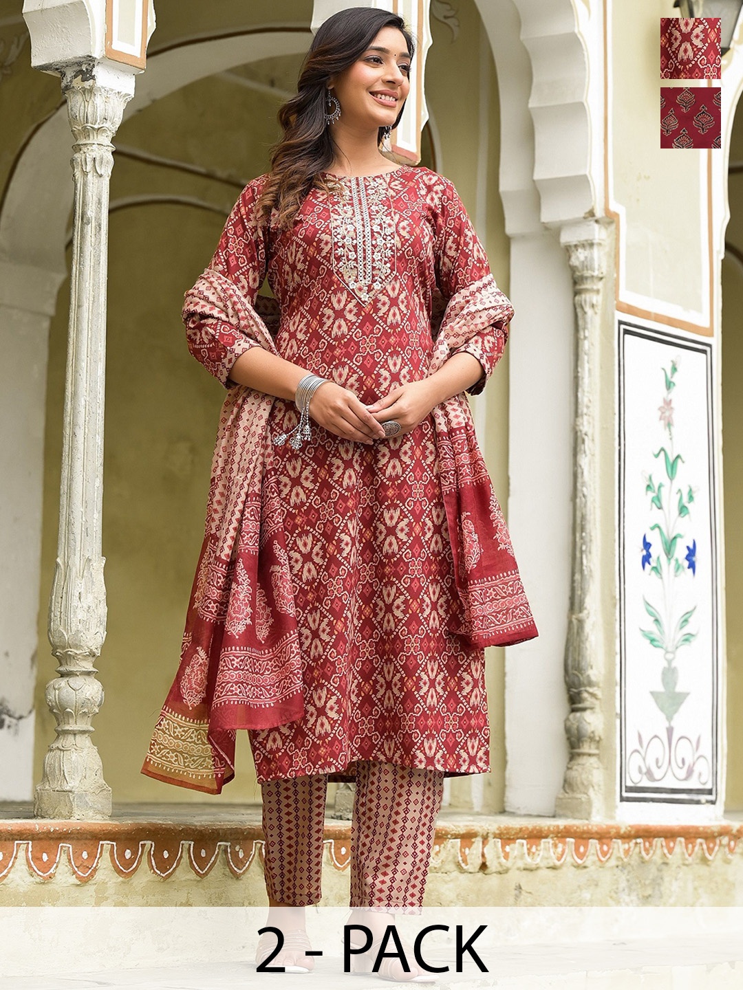 

KALINI Selection of 2 Ethnic Motifs Printed Cotton Straight Kurta with Trousers & Dupatta, Brown