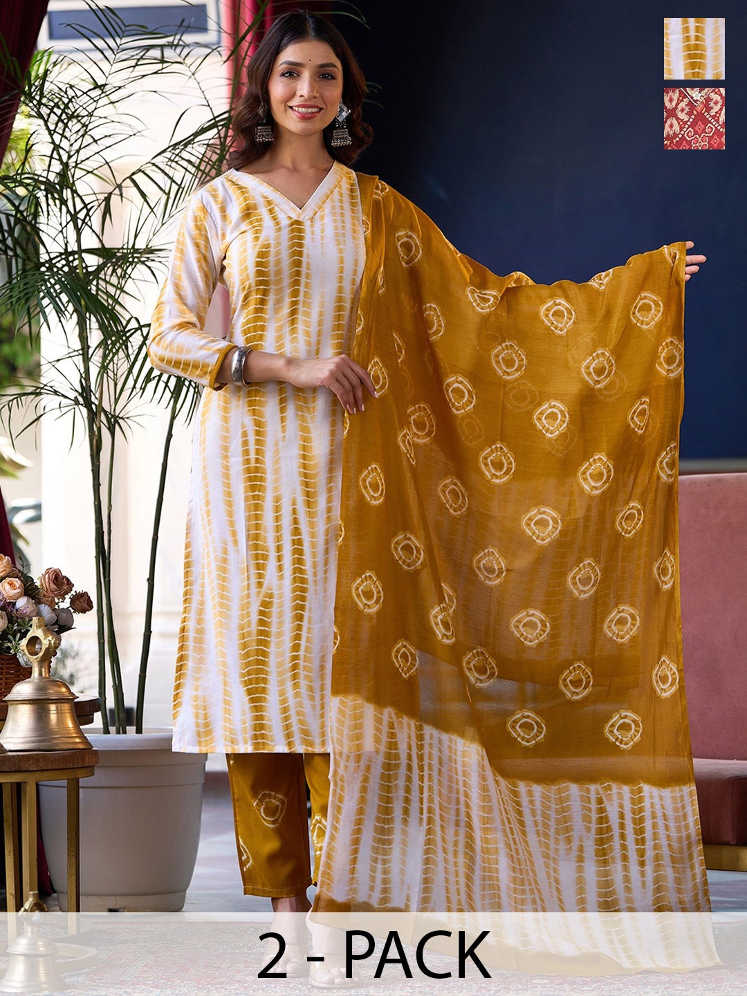 

KALINI Selection of 2 Ethnic Motifs Printed Straight Kurta with Trousers & Dupatta, Yellow