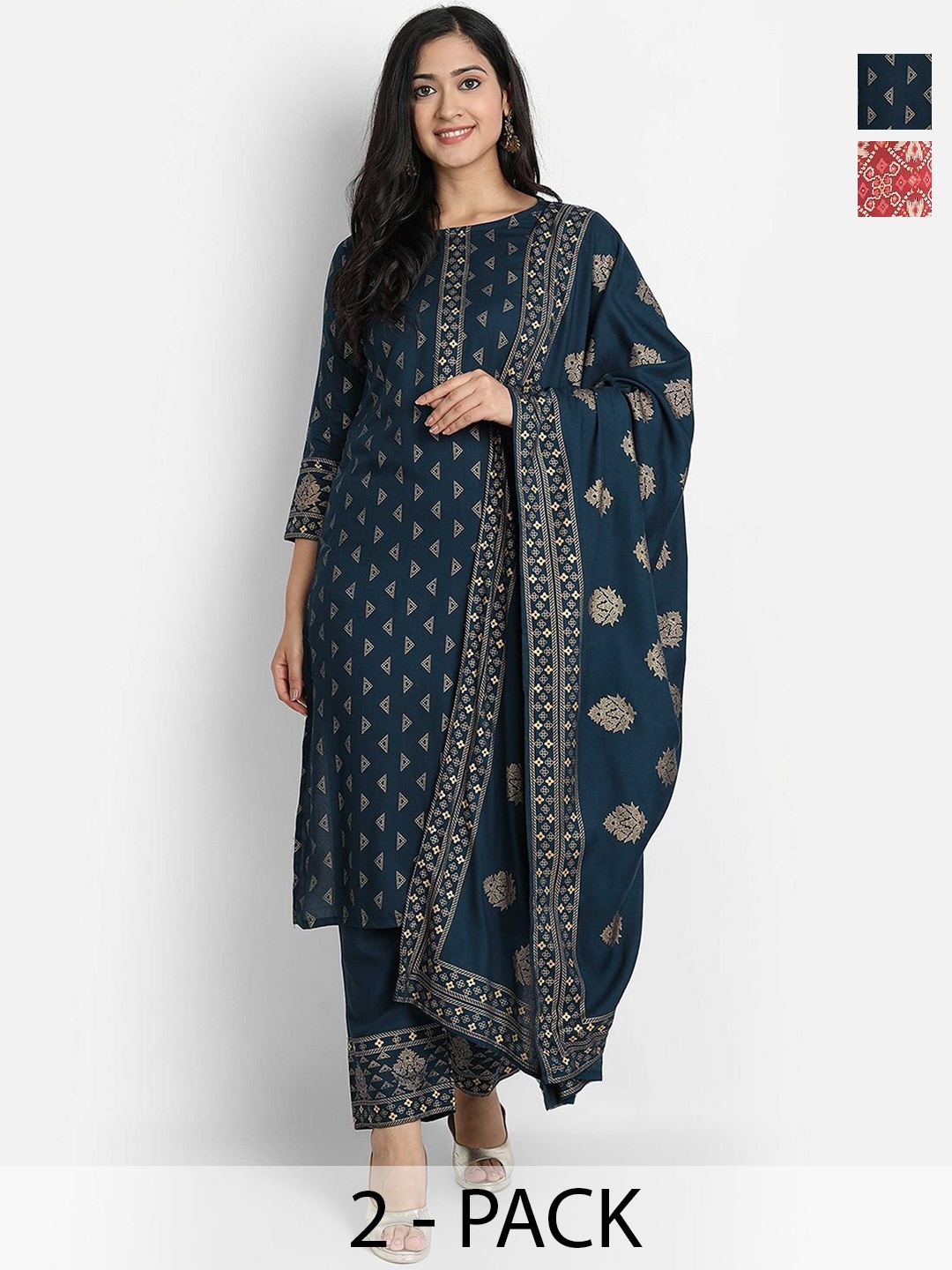 

KALINI Madhubala Selection of 2 Geometric Printed Kurta With Trouser And Dupatta, Navy blue