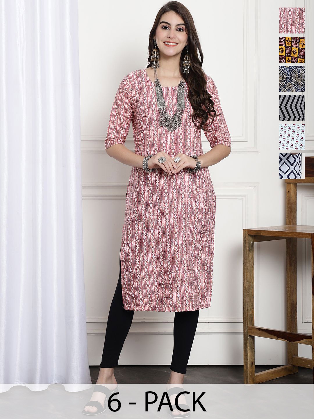

7Threads Selection 0f 6 Ethnic Motifs Printed Round Neck Straight Crepe Kurta, Pink