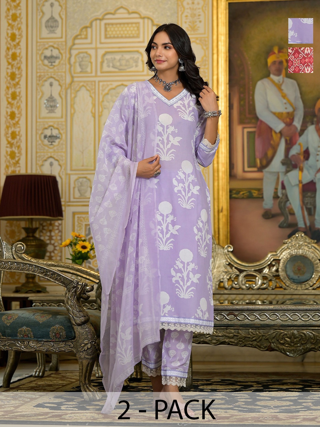 

KALINI Madhubala Selection of 2 Floral Printed Straight Kurta With Trousers And Dupatta, Lavender