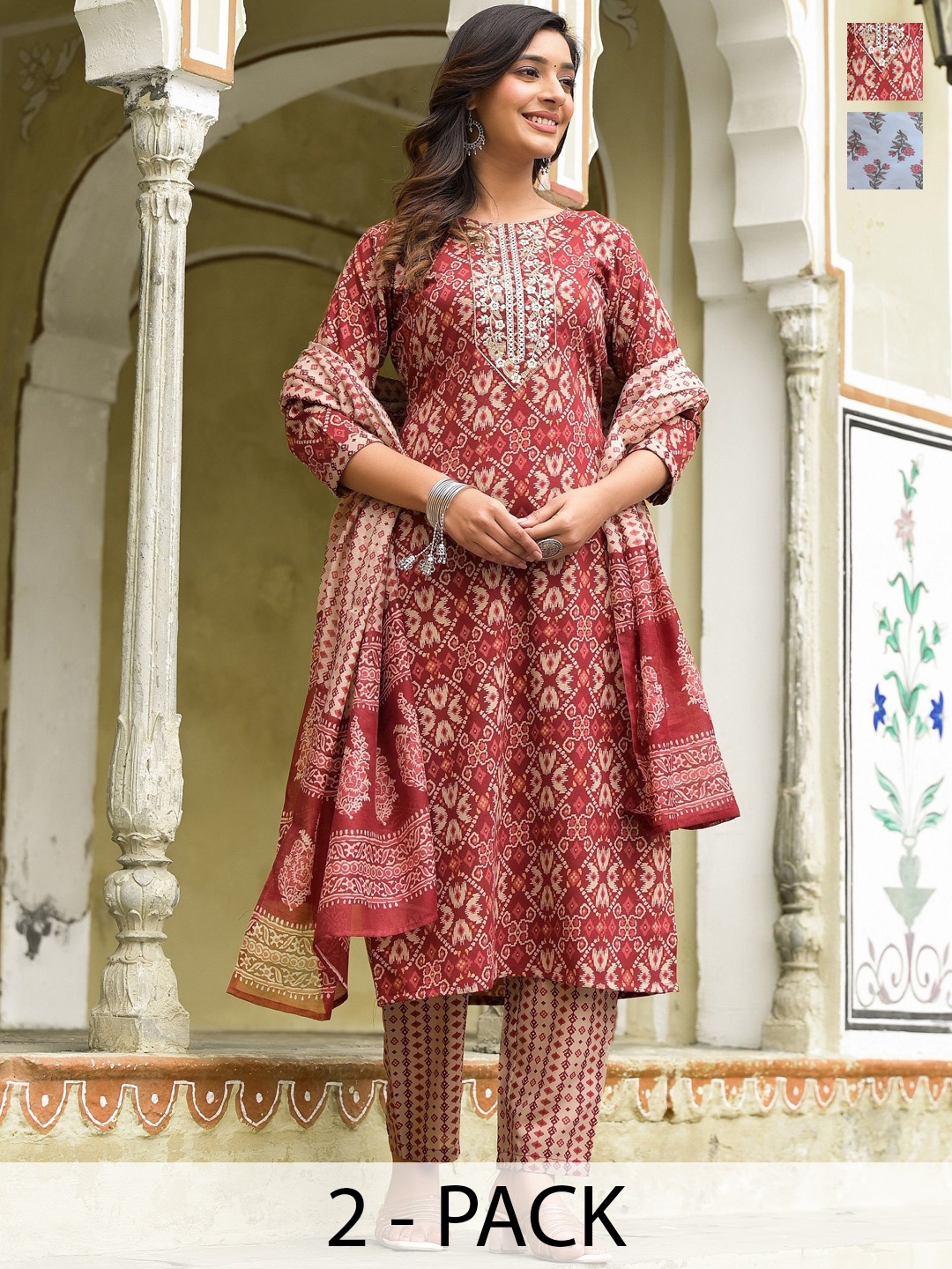 

KALINI Madhubala Selection of 2 Ethnic Motifs Printed Kurta With Trousers And Dupatta, Red