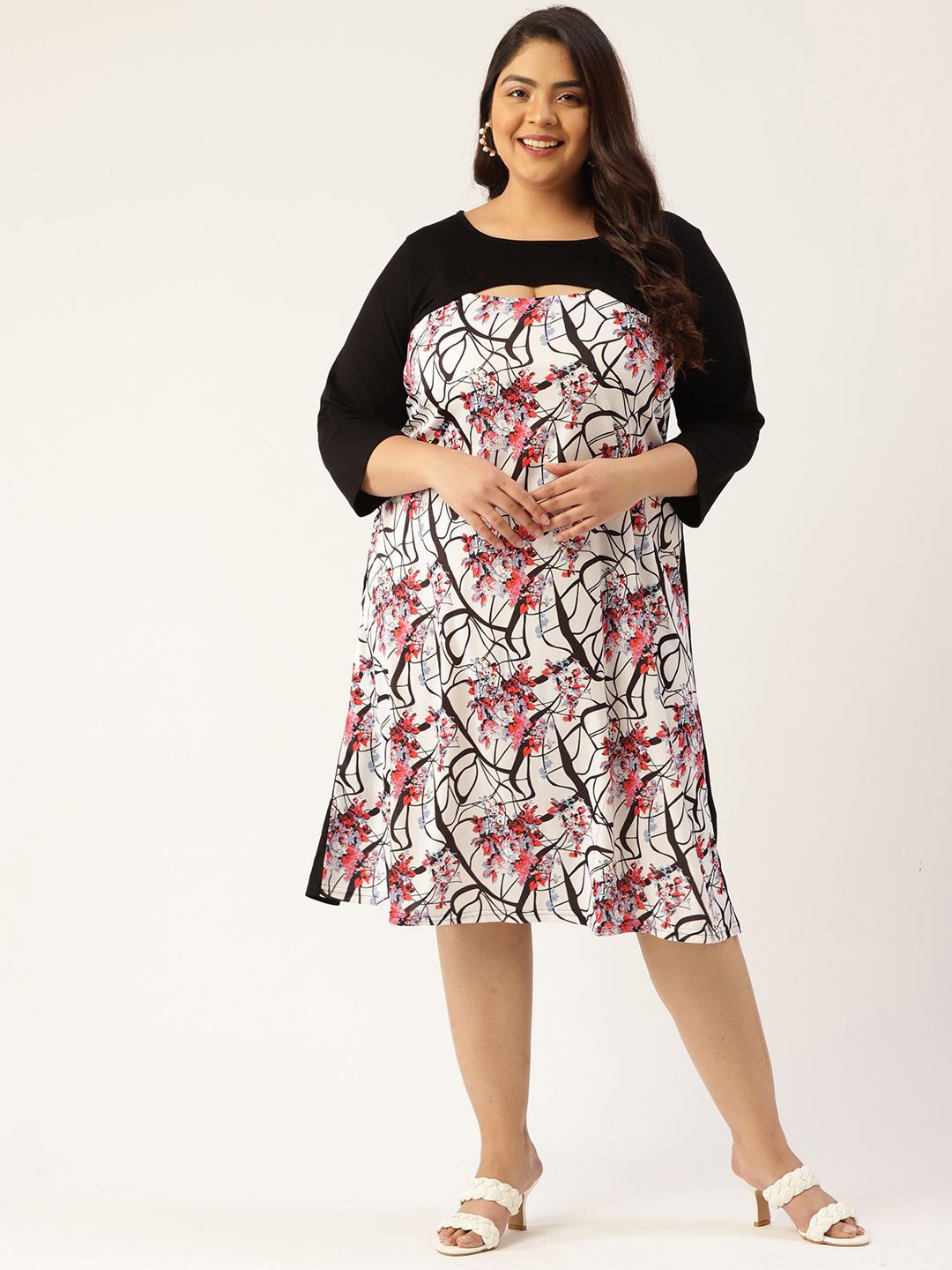 

theRebelinme Women Floral Print A-Line Midi Plus Size Dress, Black