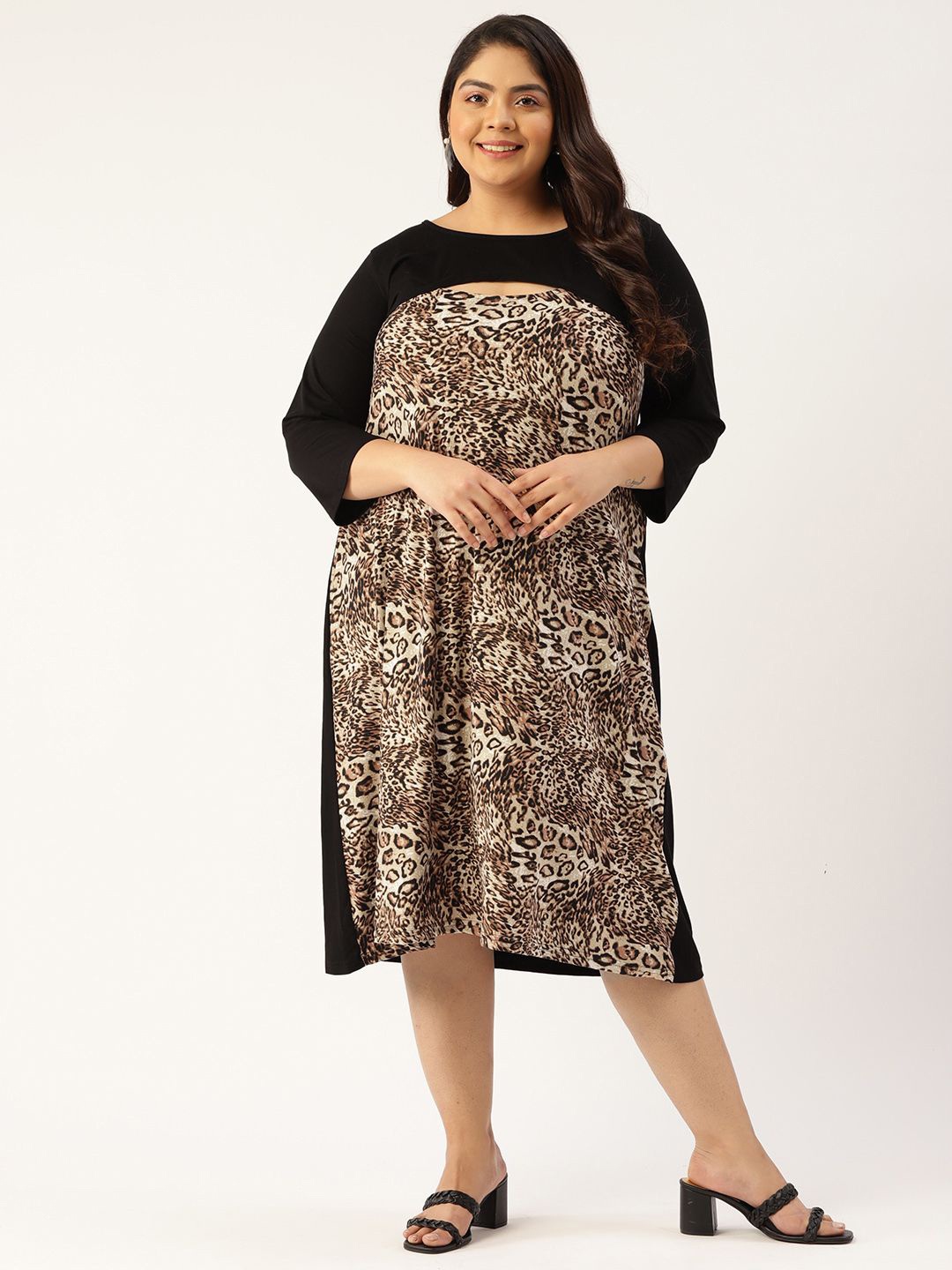 

theRebelinme Women Animal Print A-Line Midi Plus Size Dress, Brown