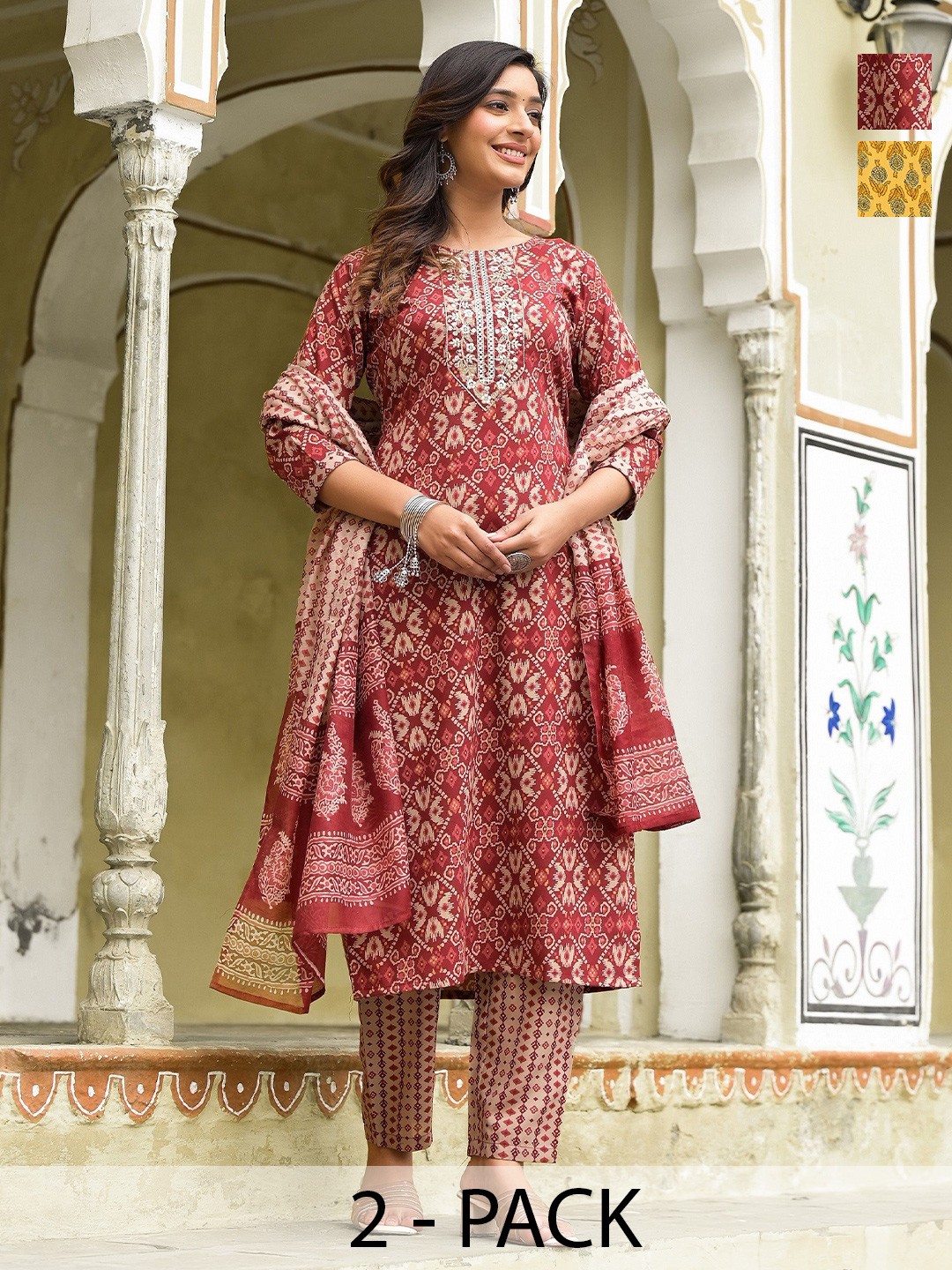 

KALINI Madhubala Selection of 2 Ethnic Motifs Printed Kurta With Trousers And Dupatta, Red