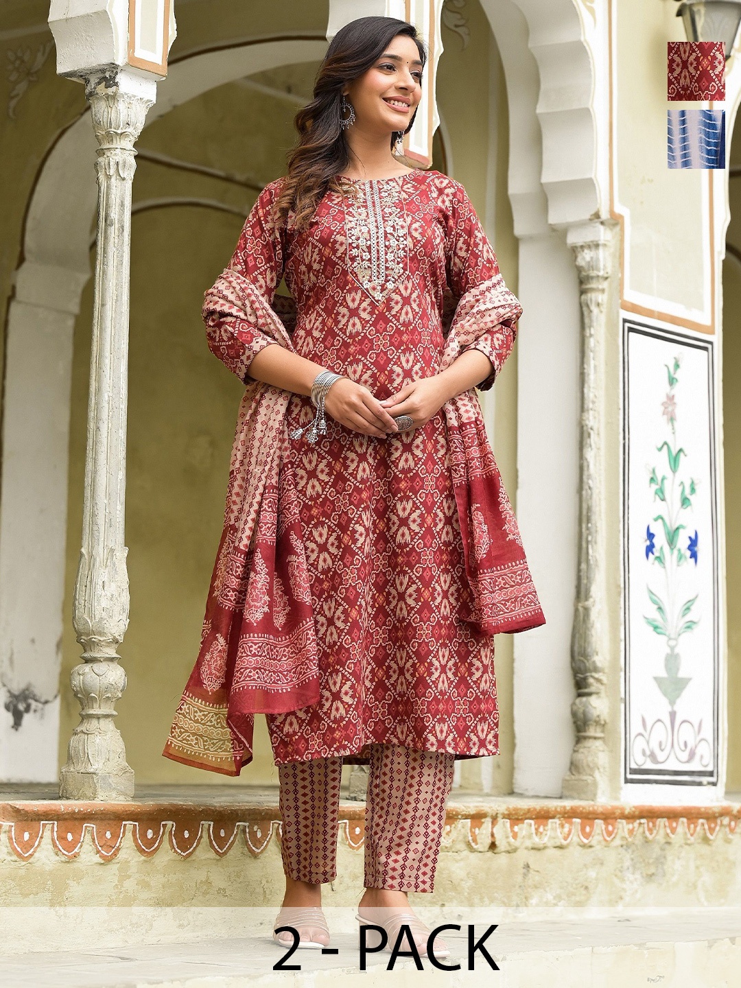 

KALINI Madhubala Selection of 2 Ethnic Motifs Printed Kurta With Trousers And Dupatta, Red