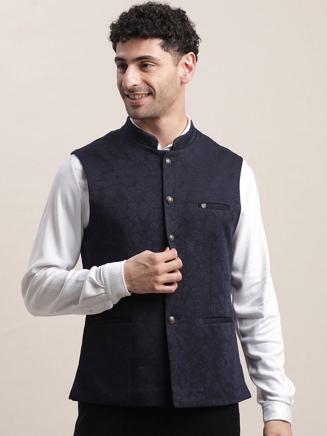 

Turtle Men Woven Design Slim-Fit Nehru Jacket, Blue