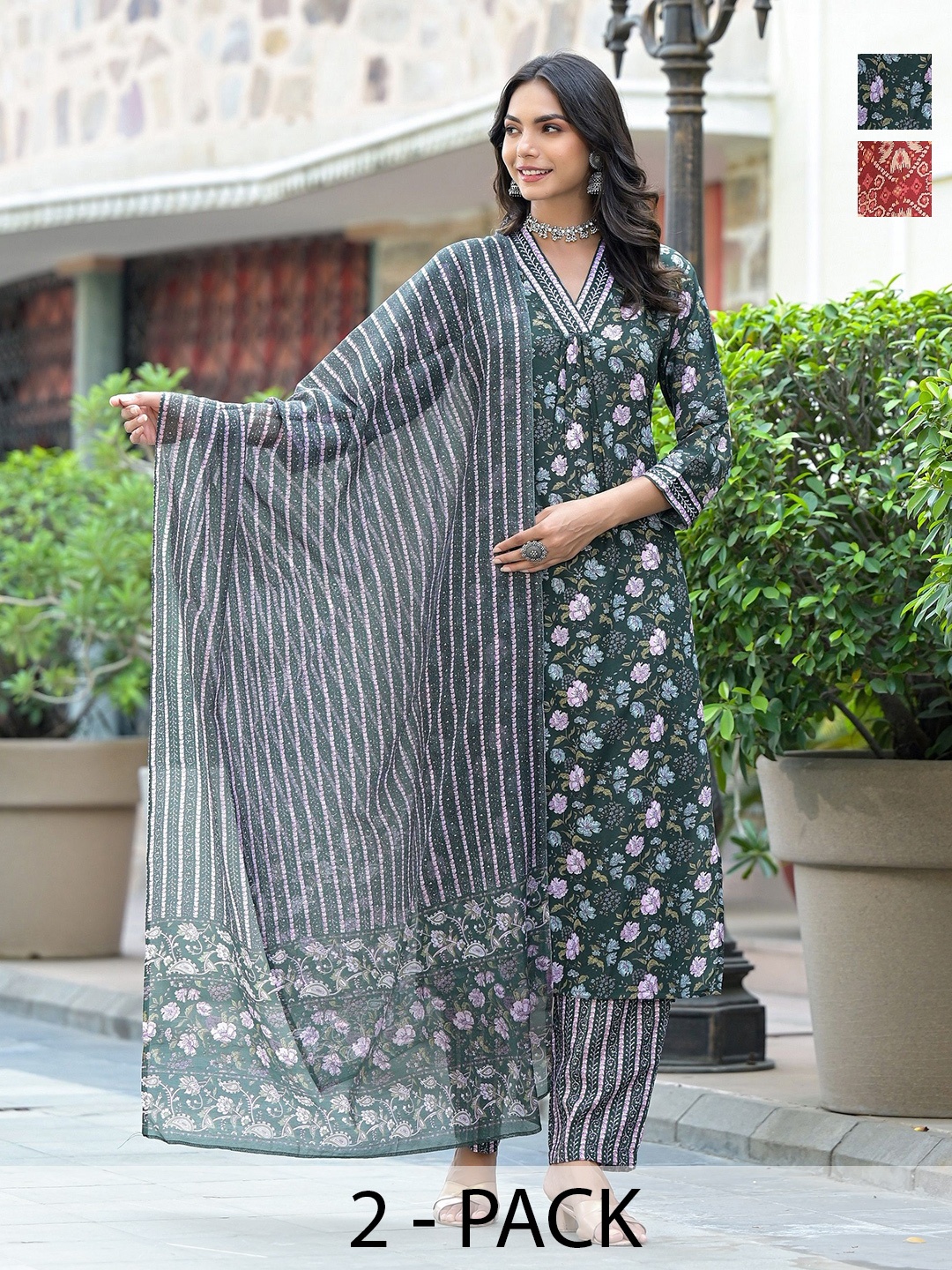 

KALINI Madhubala Selection of 2 Floral Printed Straight Kurta With Trousers And Dupatta, Green