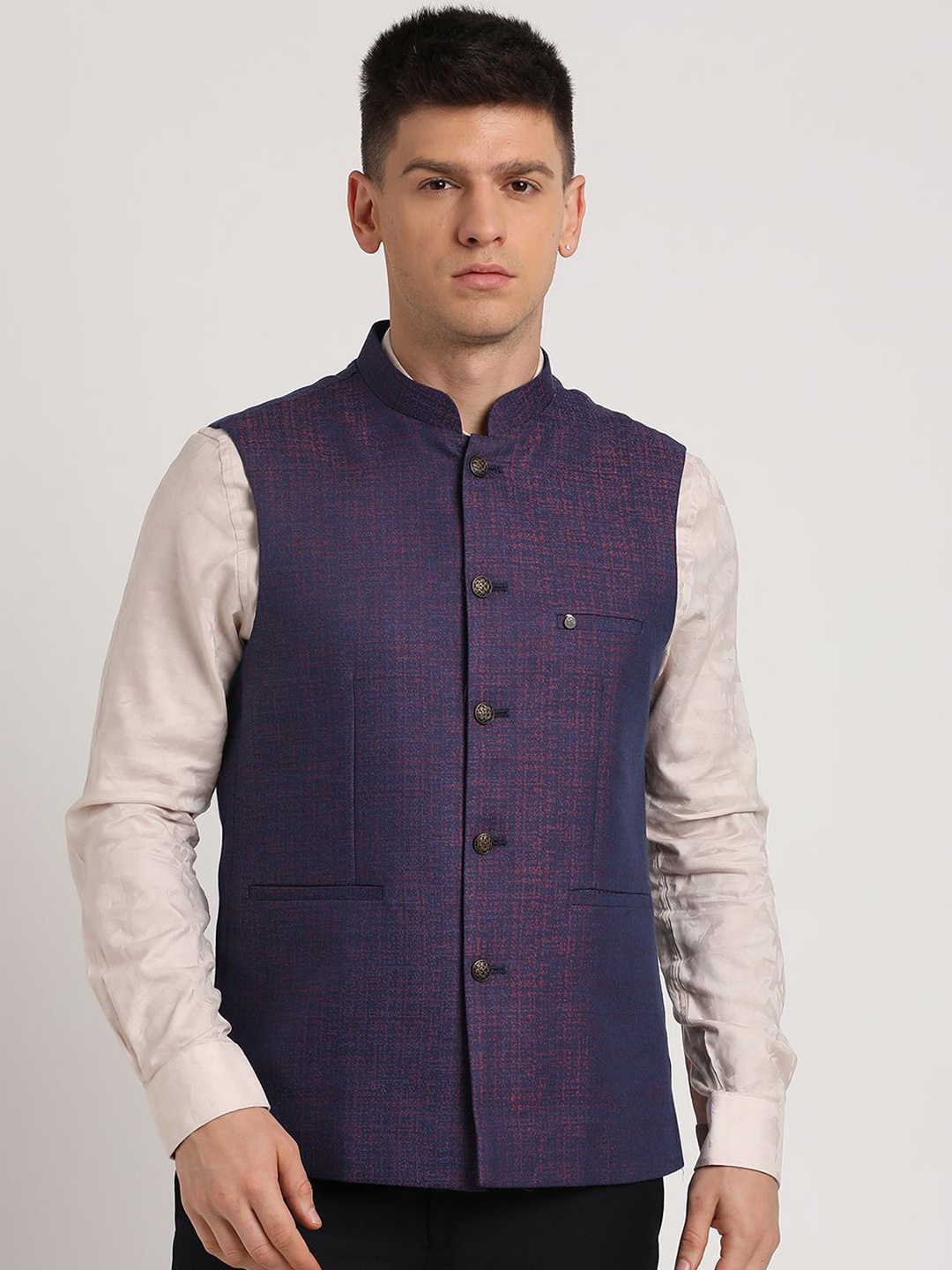 

Turtle Men Woven Design Slim-Fit Nehru Jacket, Blue