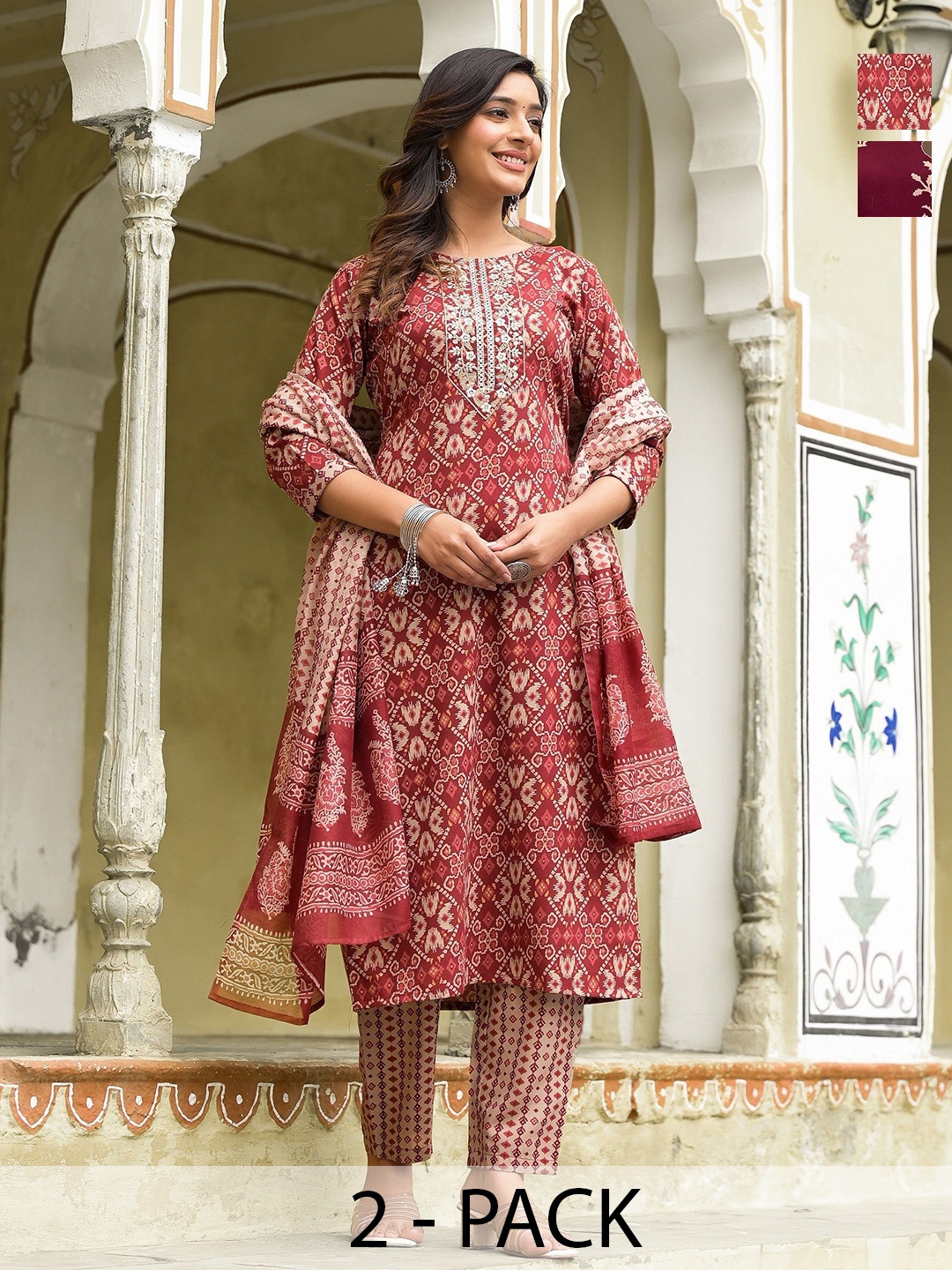 

KALINI Madhubala Selection of 2 Ethnic Motifs Printed Kurta With Trousers And Dupatta, Red