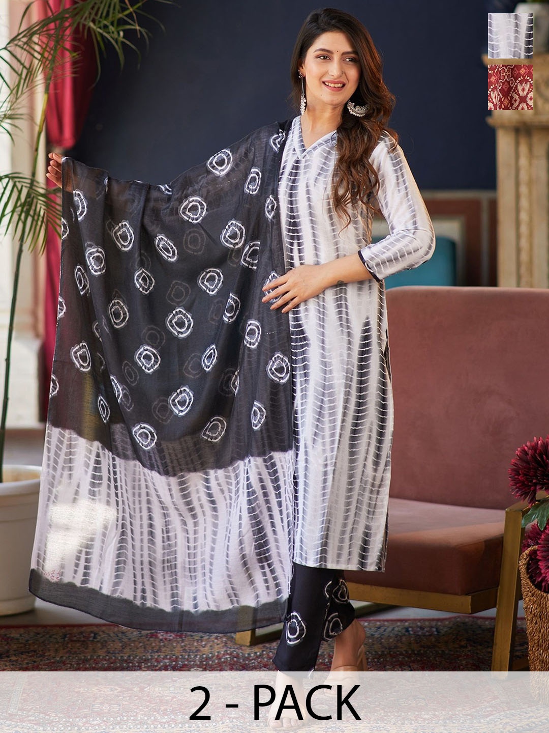 

KALINI Madhubala Selection of 2 Shibori Dyed Straight Kurta With Trousers And Dupatta, White