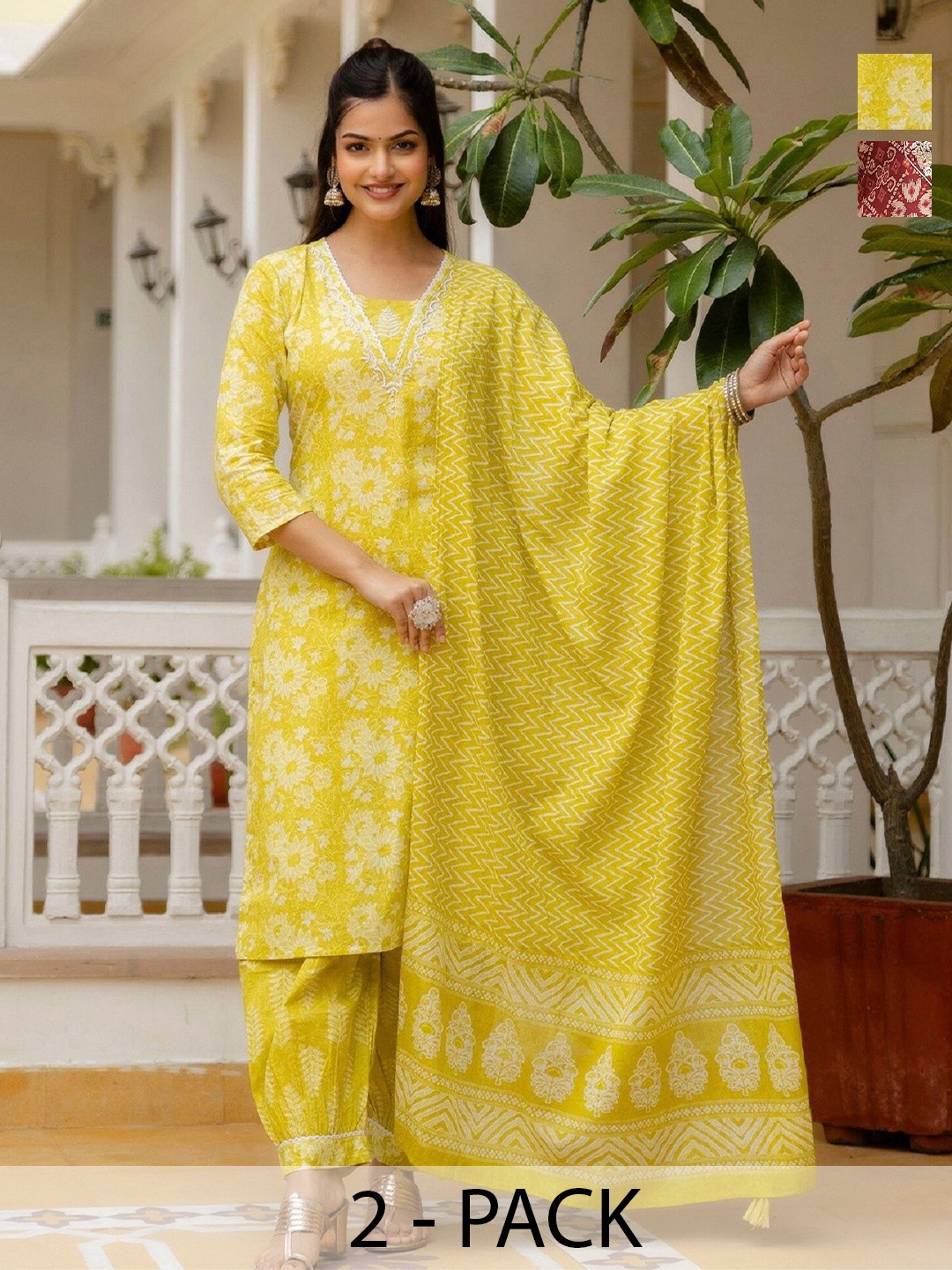 

KALINI Madhubala Selection of 2 Floral Printed Straight Kurta With Salwar And Dupatta, Yellow