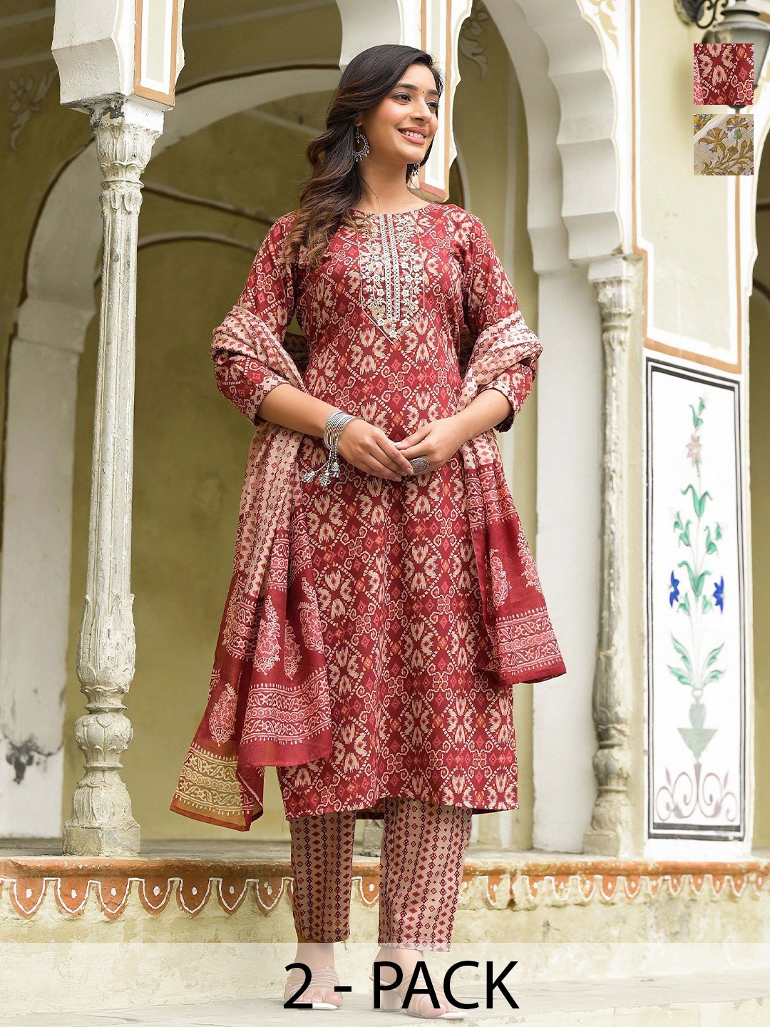 

KALINI Madhubala Selection of 2 Floral Printed Straight Kurta With Salwar And Dupatta, Mustard