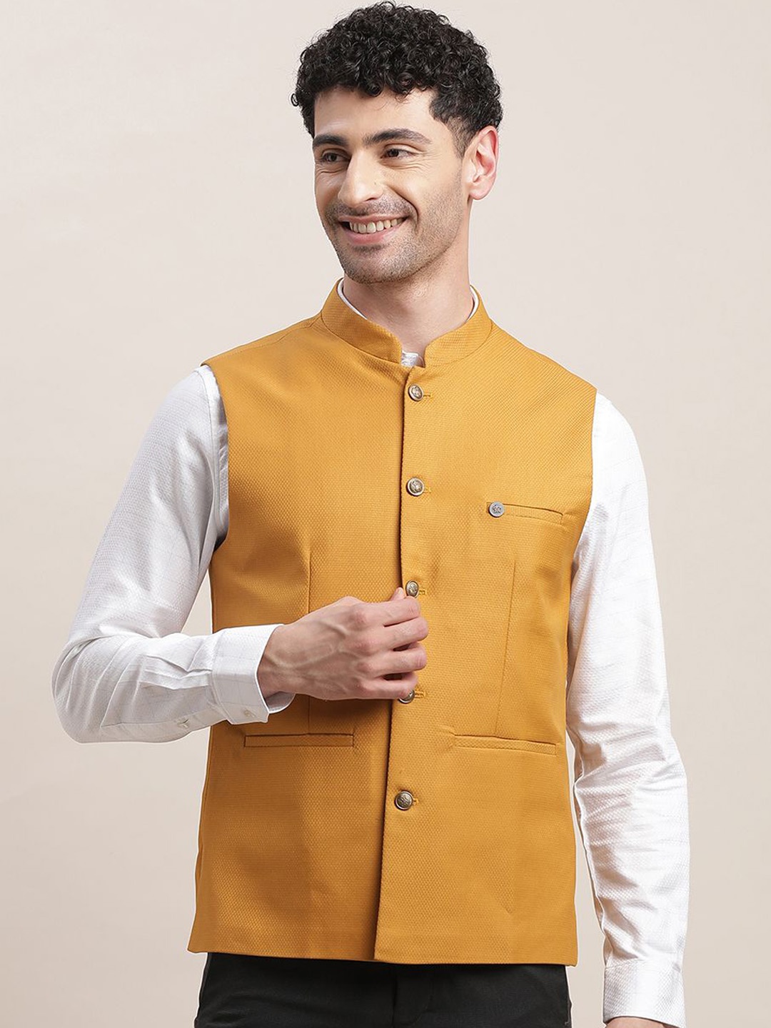 

Turtle Men Woven Design Slim-Fit Nehru Jacket, Yellow