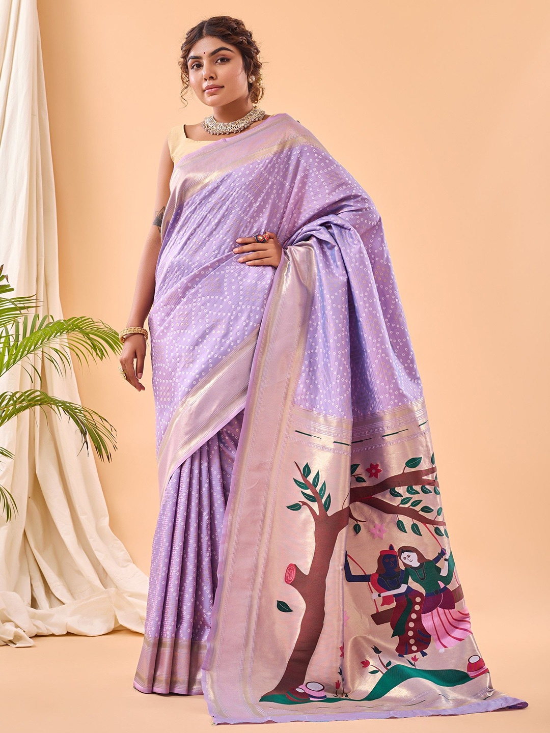 

LeeliPeeri Designer Bandhani Woven Design Zari Paithani Saree, Lavender