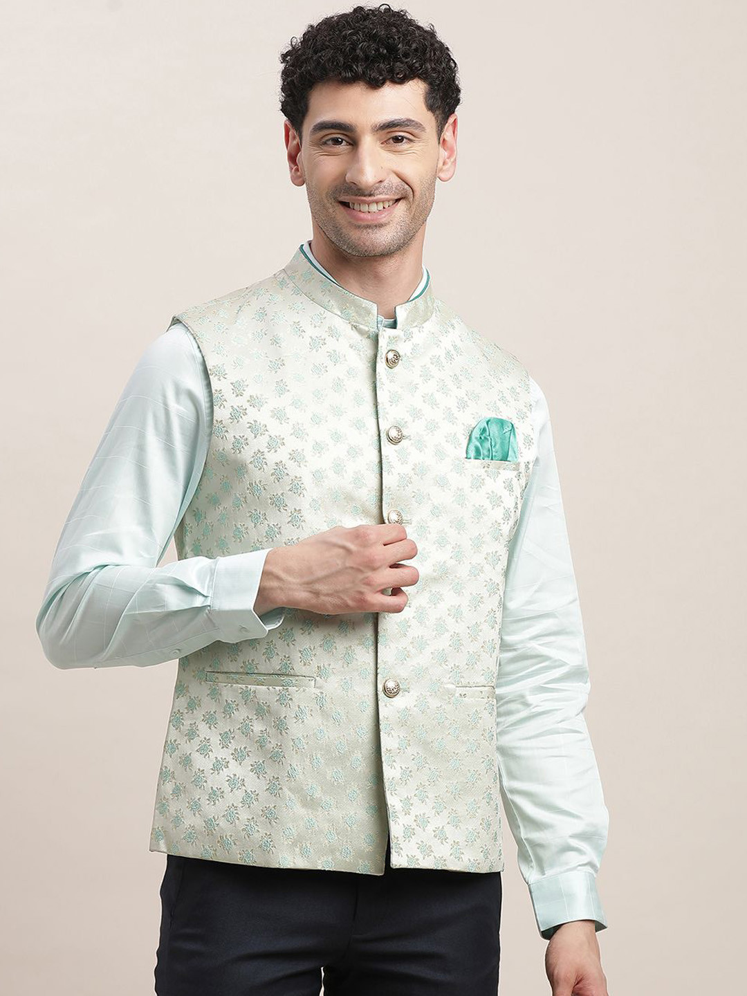 

Turtle Men Woven Design Slim-Fit Nehru Jacket, Grey
