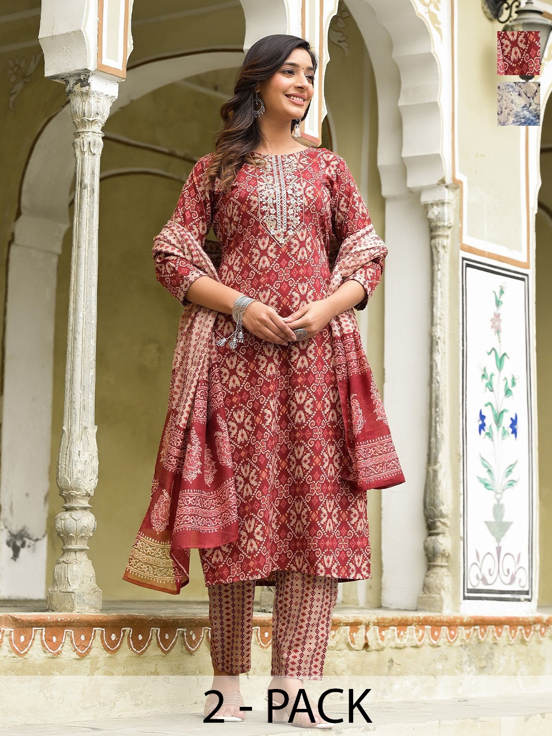 

KALINI Selection Of 2 Ethnic Motifs Printed Straightr Kurta With Trousers And Dupatta, Red
