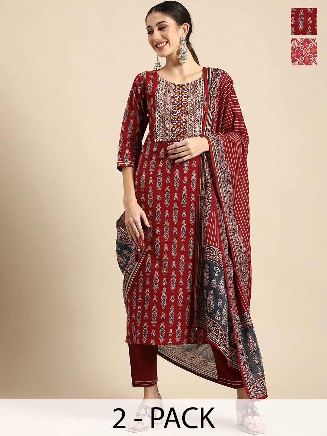 

KALINI Selection Of 2 Ethnic Motifs Printed Straight Kurta With Trousers And Dupatta, Red