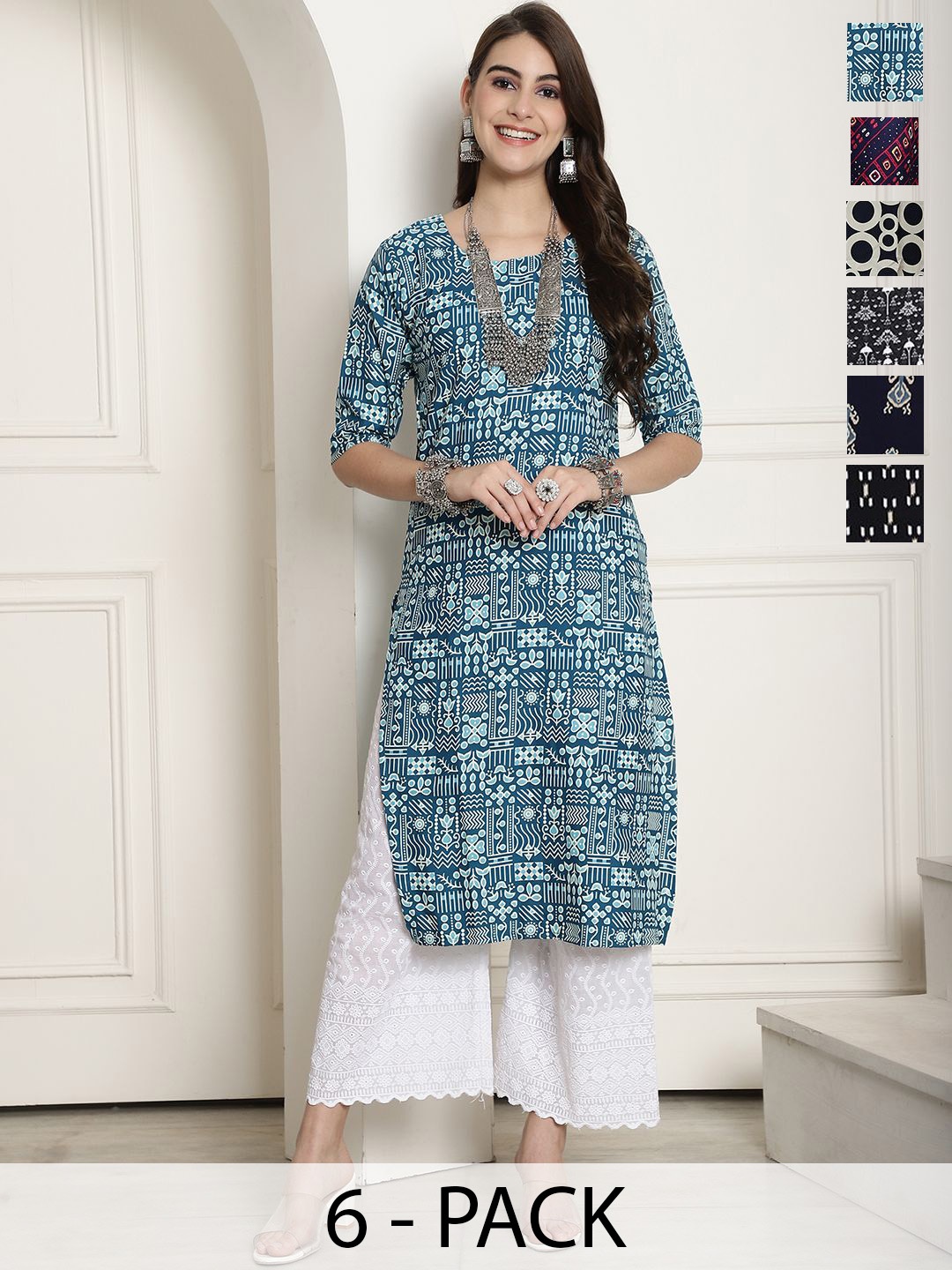 

7Threads Selection 0f 6 Ethnic Motifs Printed Round Neck Straight Crepe Kurta, Blue