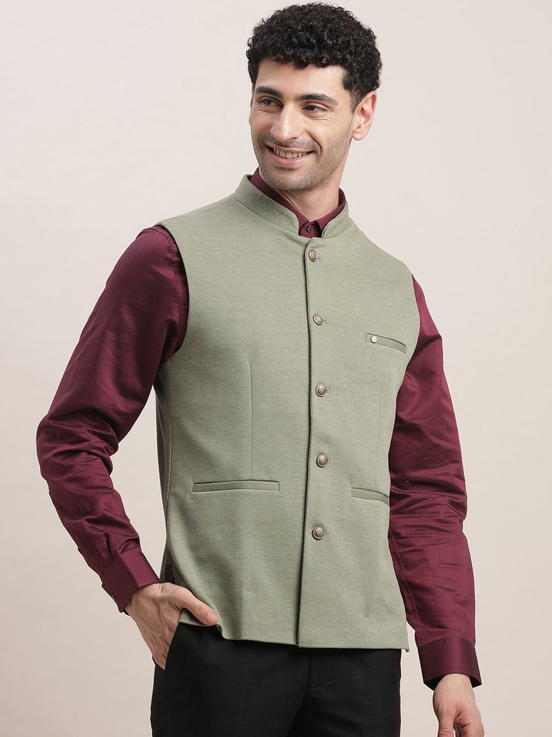 

Turtle Men Mandarin Collar Slim-Fit Knitted Nehru Jacket, Grey