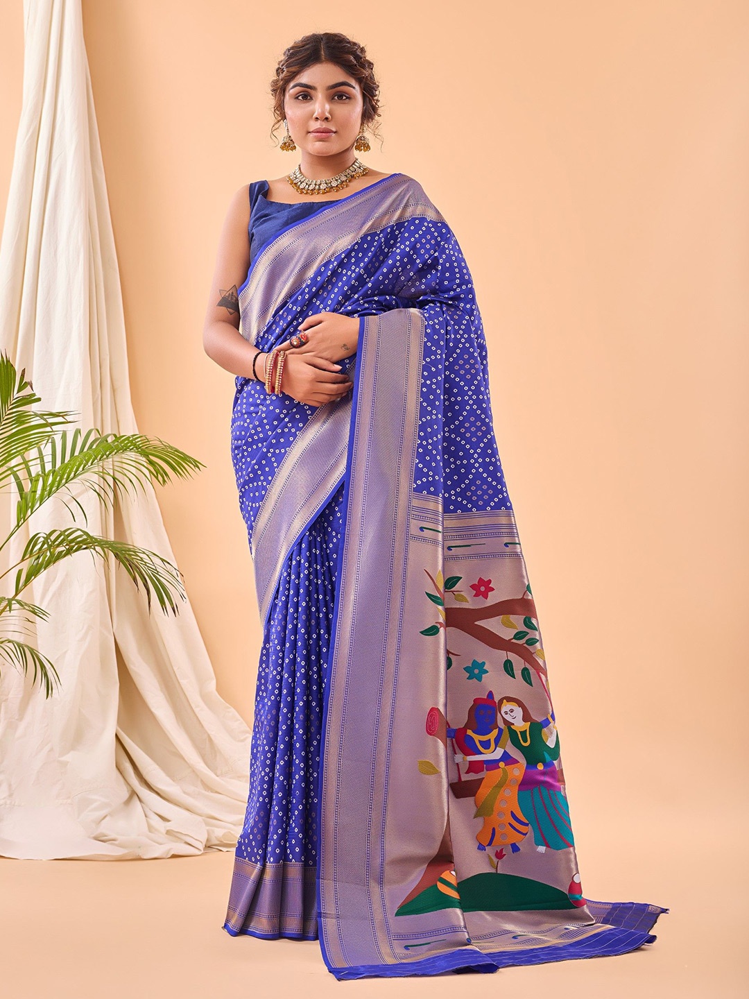 

LeeliPeeri Designer Bandhani Zari Paithani Saree, Navy blue