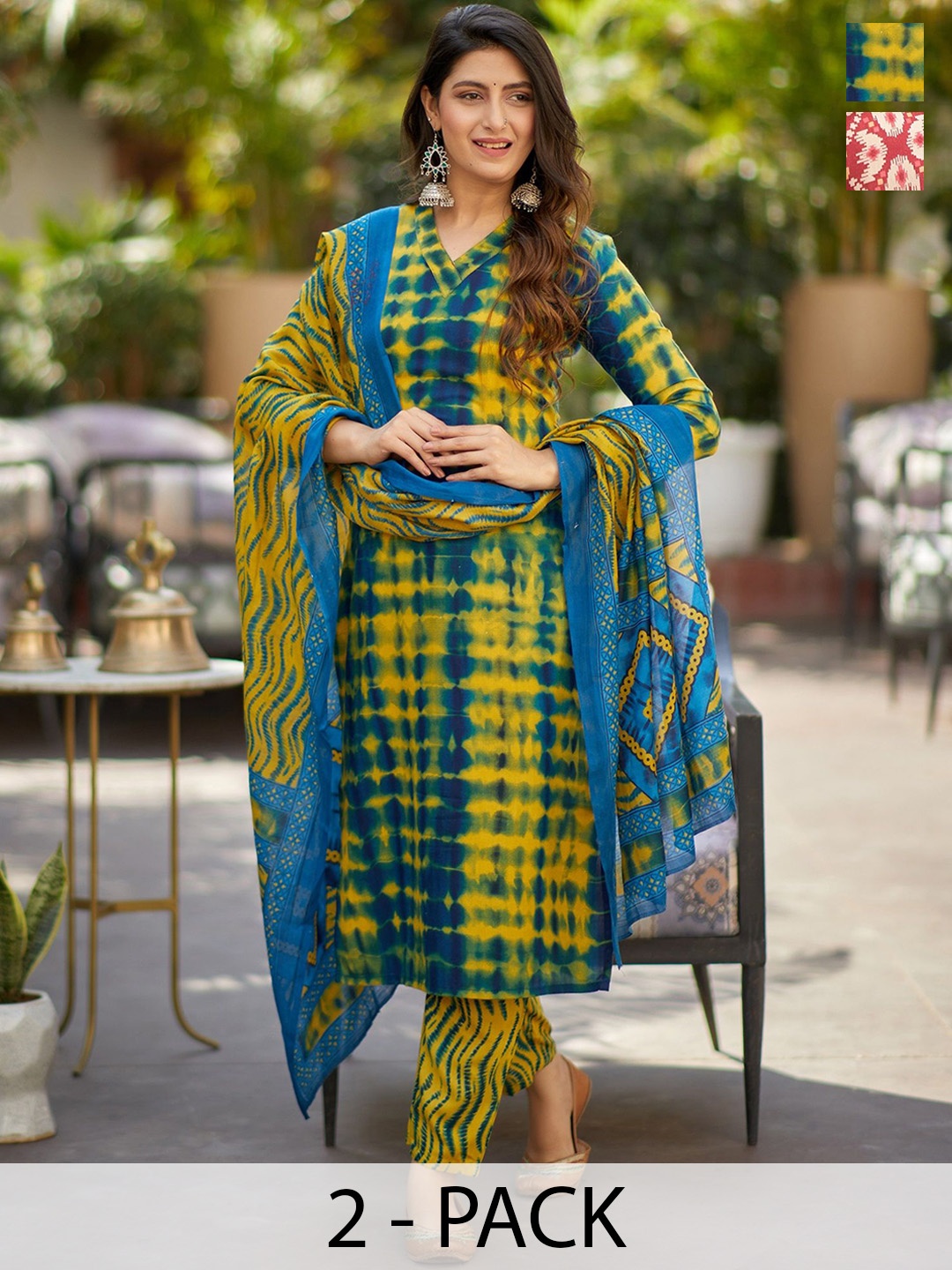 

KALINI Selection Of 2 Shiburi Printed Straight Kurta With Trousers And Dupatta, Blue