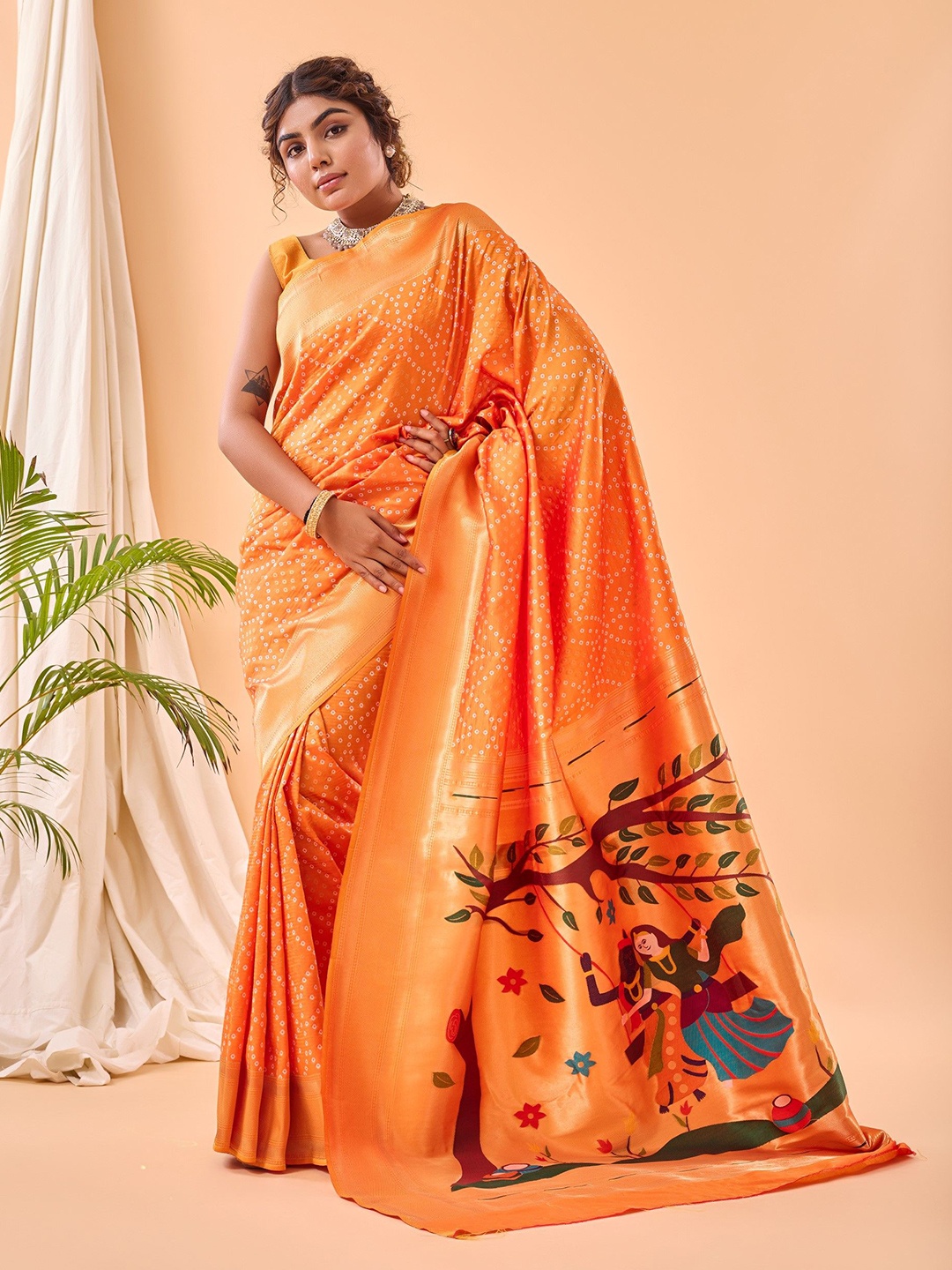 

LeeliPeeri Designer Bandhani Zari Paithani Saree, Orange