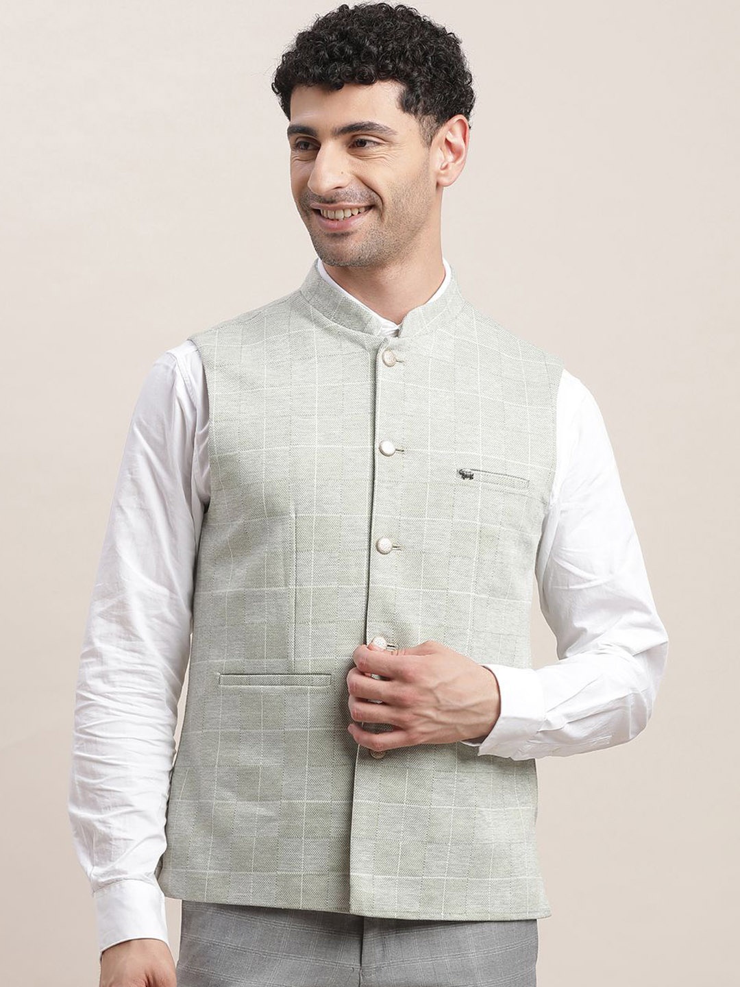 

Turtle Men Checked Slim-Fit Woven Nehru Jacket, Grey