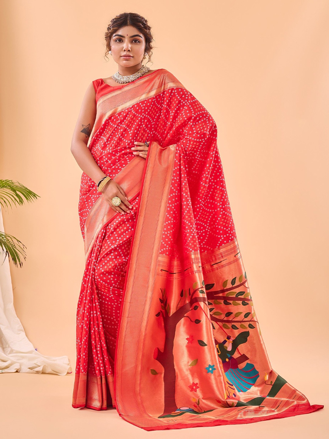 

LeeliPeeri Designer Bandhani Woven Design Zari Paithani Saree, Red