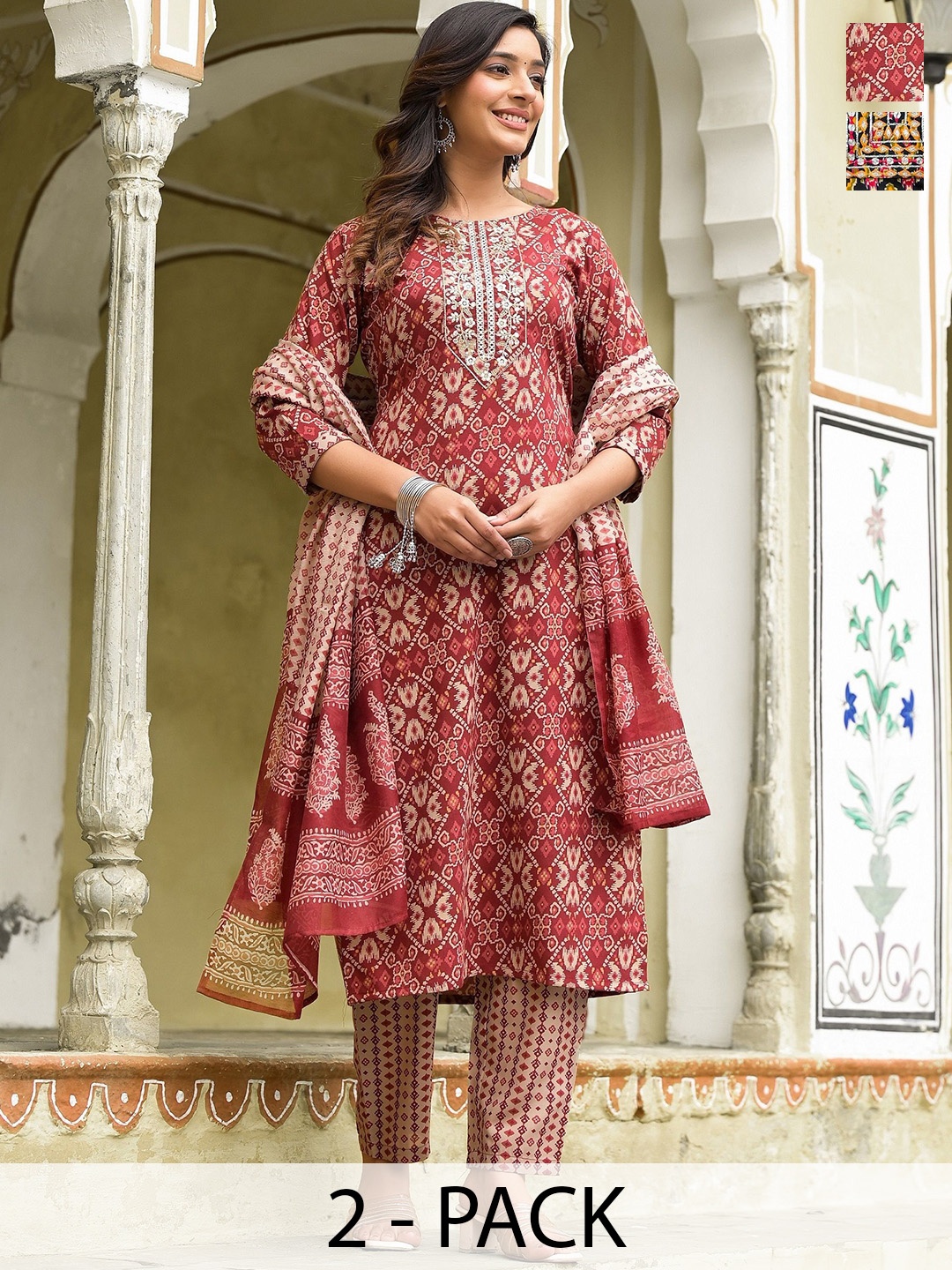 

KALINI Selection Of 2 Ethnic Motifs Printed Straight Kurtas With Trousers And Dupatta, Red