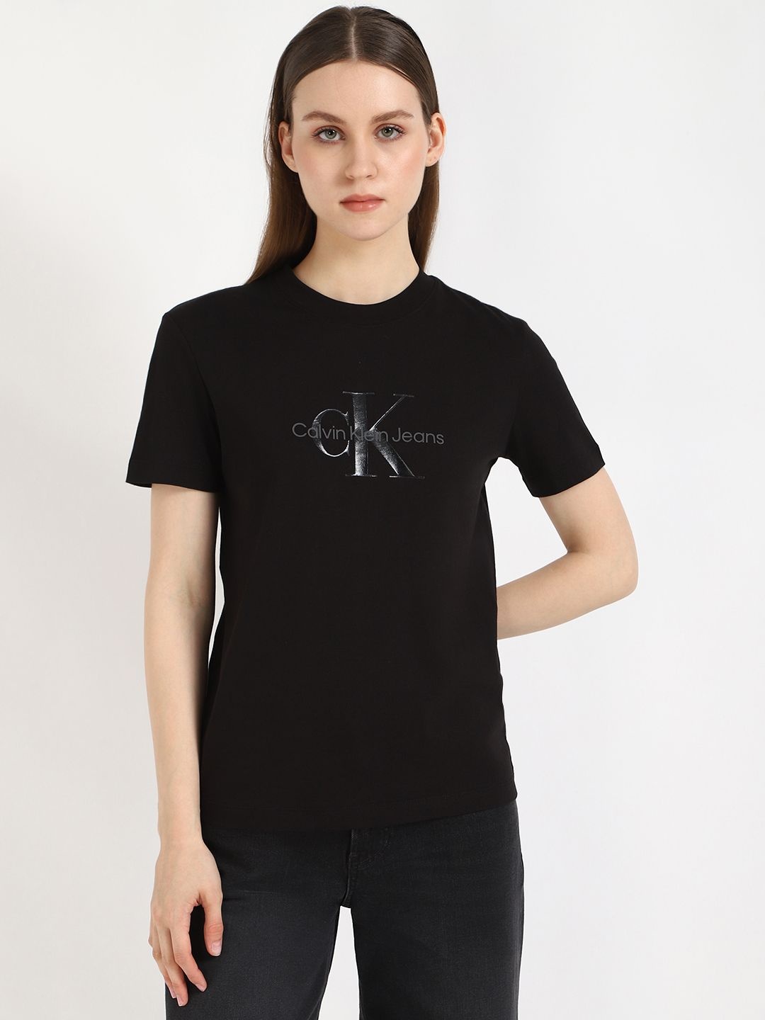 

Calvin Klein Jeans Women Typography Printed Round Neck Cotton T-shirt, Black