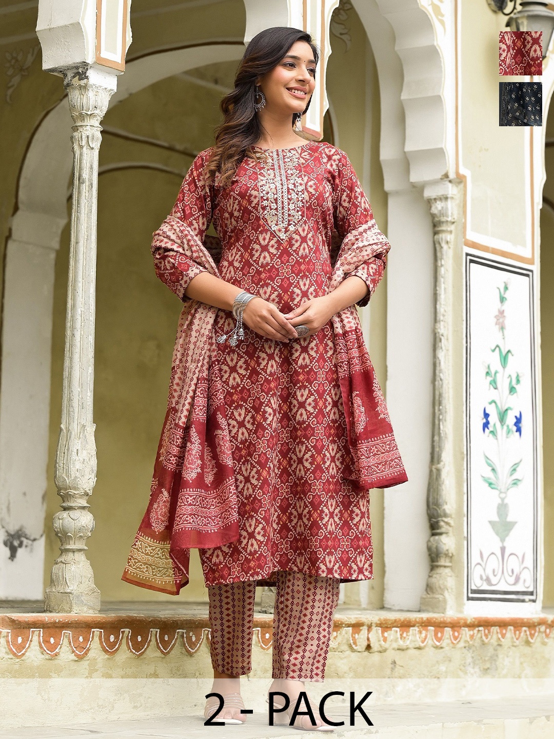 

KALINI Selection Of 2 Ethnic Motifs Printed Straight Kurtas With Trousers And Dupatta, Maroon