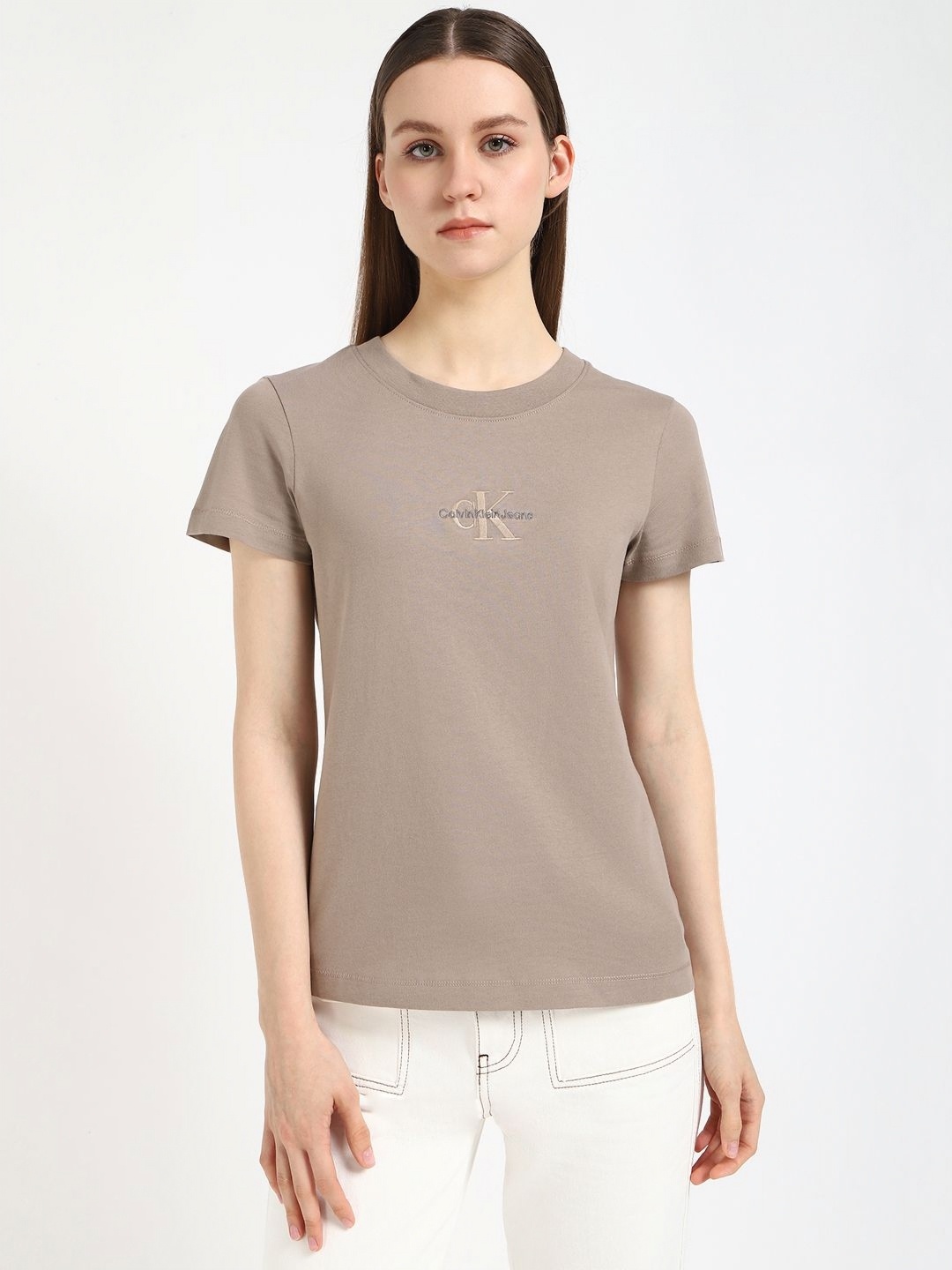 

Calvin Klein Jeans Women Typography Printed Round Neck Cotton T-shirt, Brown