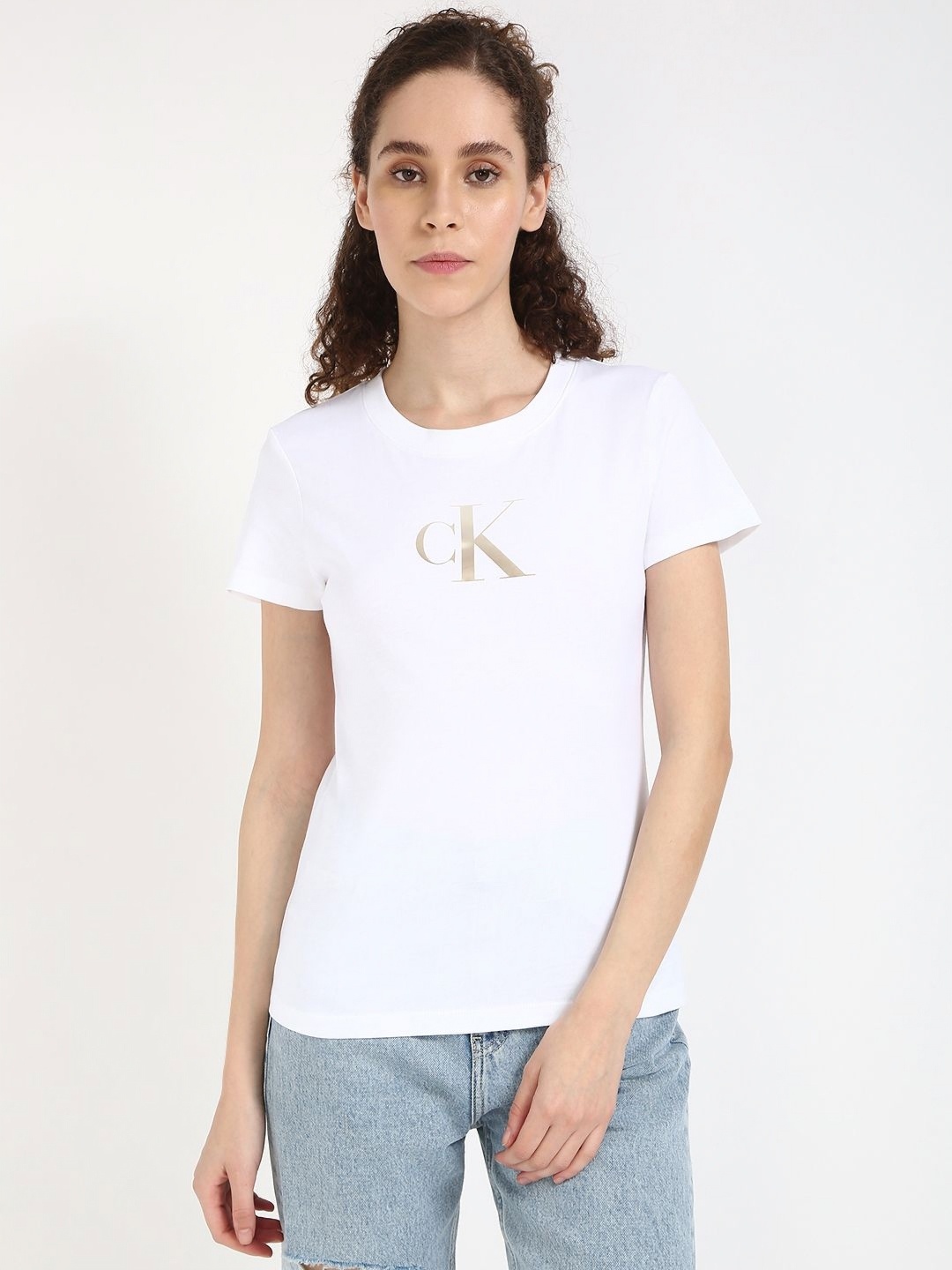 

Calvin Klein Jeans Women Typography Printed Round Neck Cotton T-shirt, White