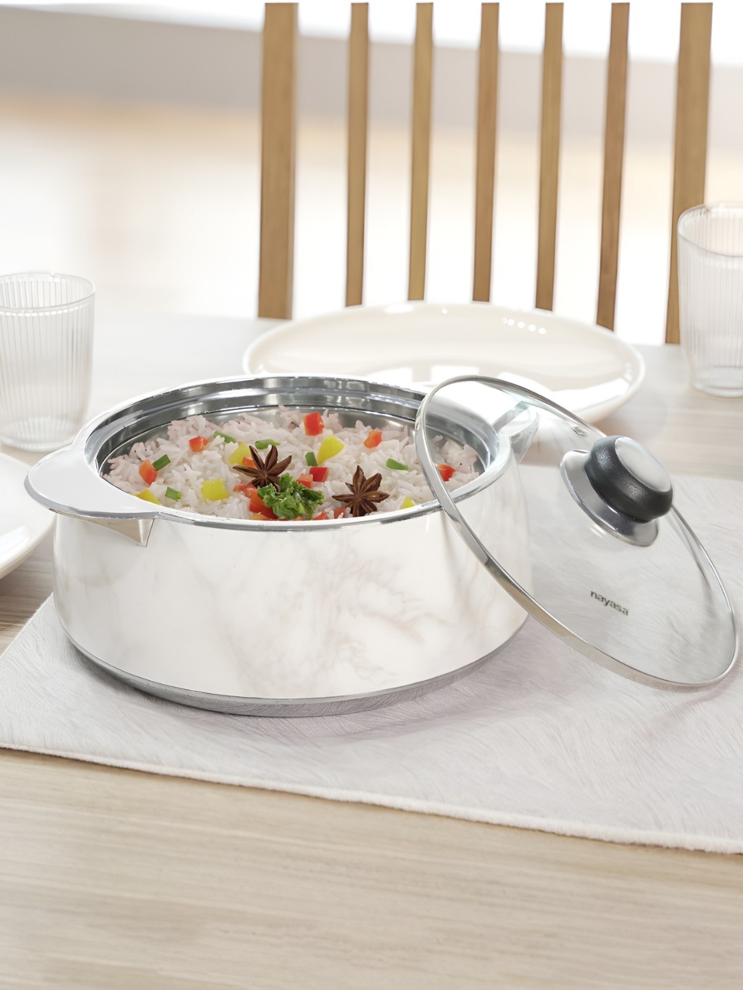 

Nayasa Glimmer White Insulated Inner Stainless Steel Casserole- 1500 ml