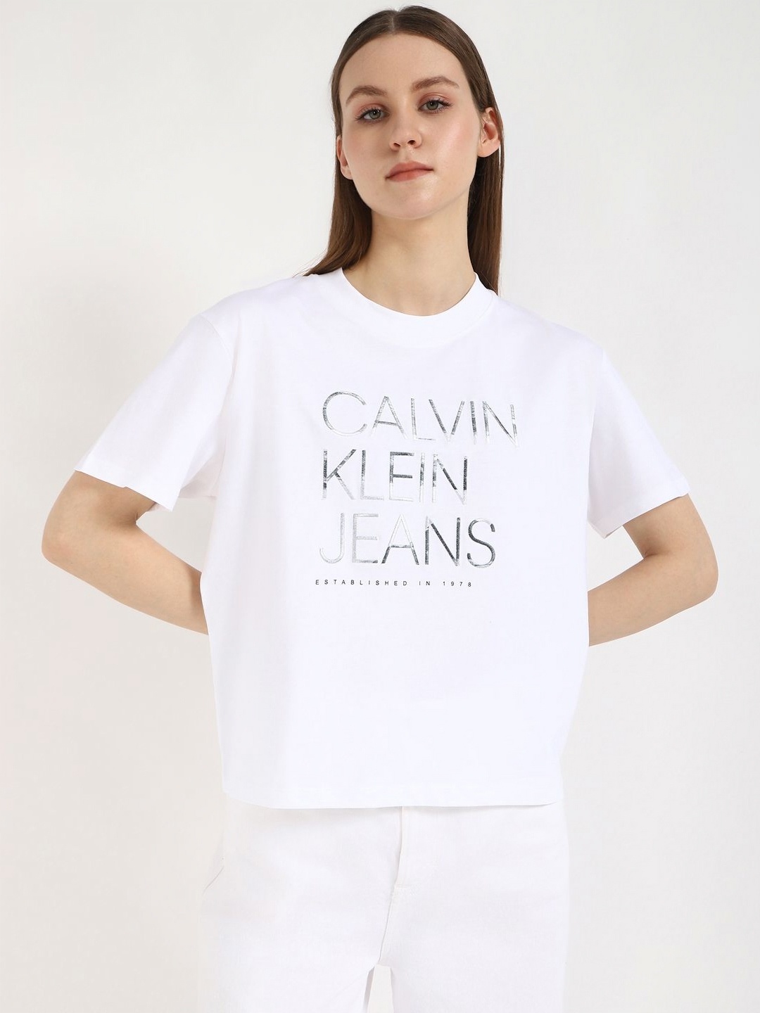 

Calvin Klein Jeans Women Typography Printed Round Neck Cotton T-shirt, White