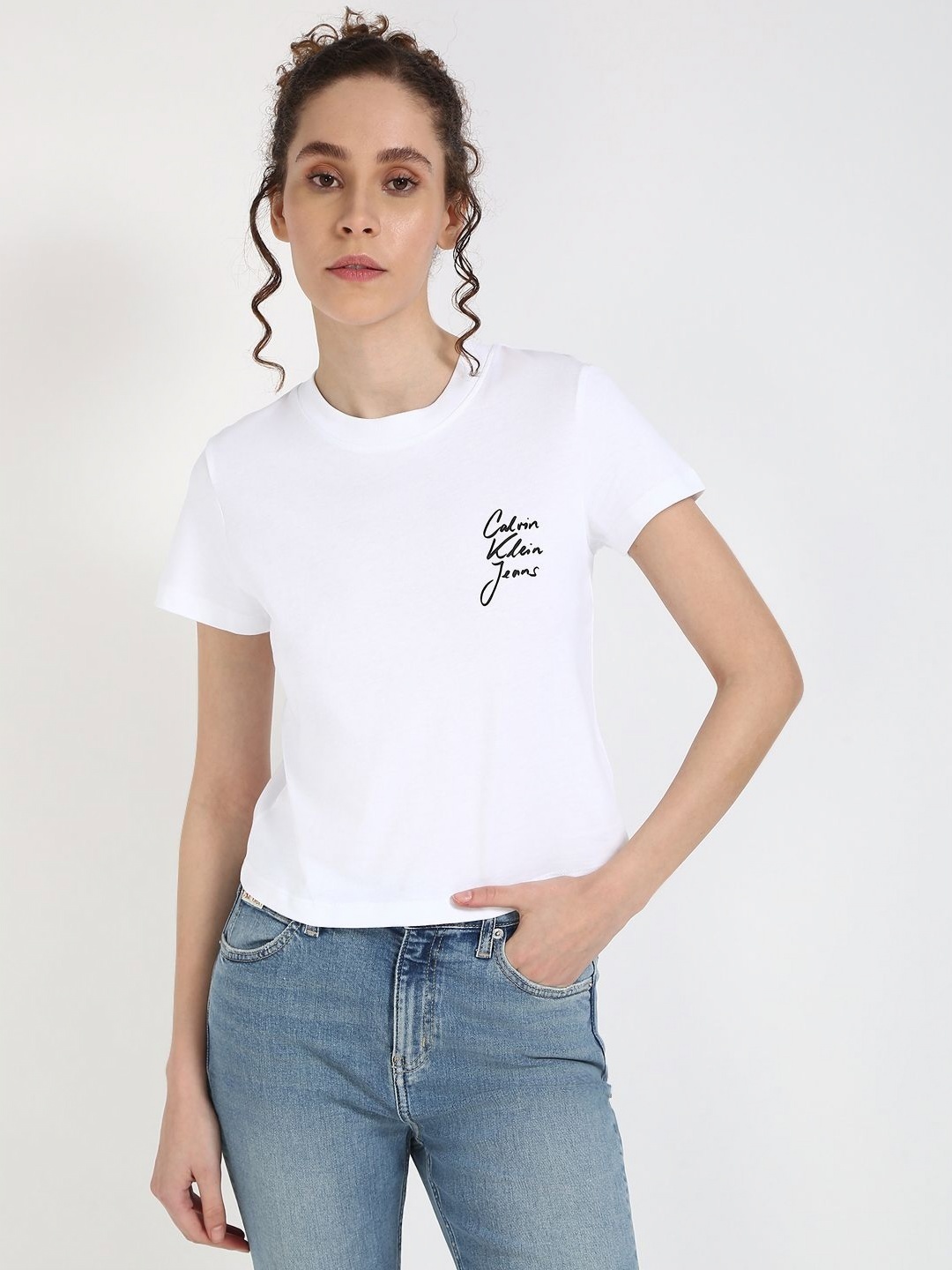 Calvin Klein Jeans Women Typography Printed Round Neck Cotton T-shirt, White