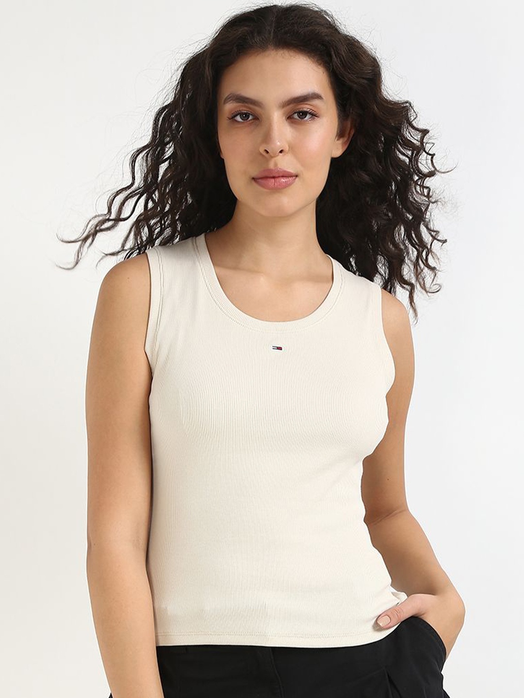 

Tommy Hilfiger Women Round Neck Cotton Top, Beige