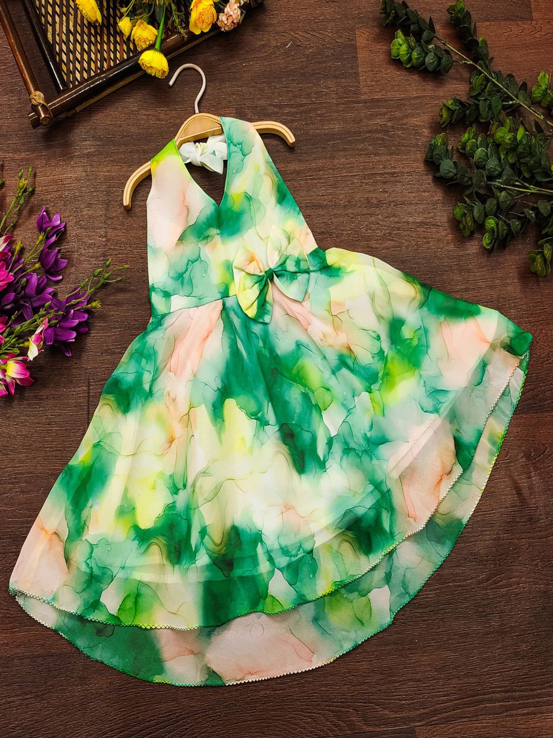 

BAESD Girls Tie and Dye Print A-Line Dress, Green