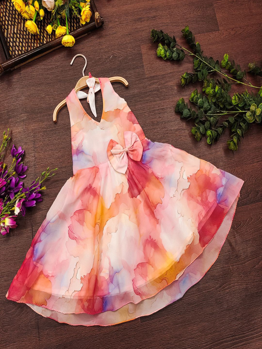 

BAESD Girls Tie and Dye Print A-Line Dress, Pink