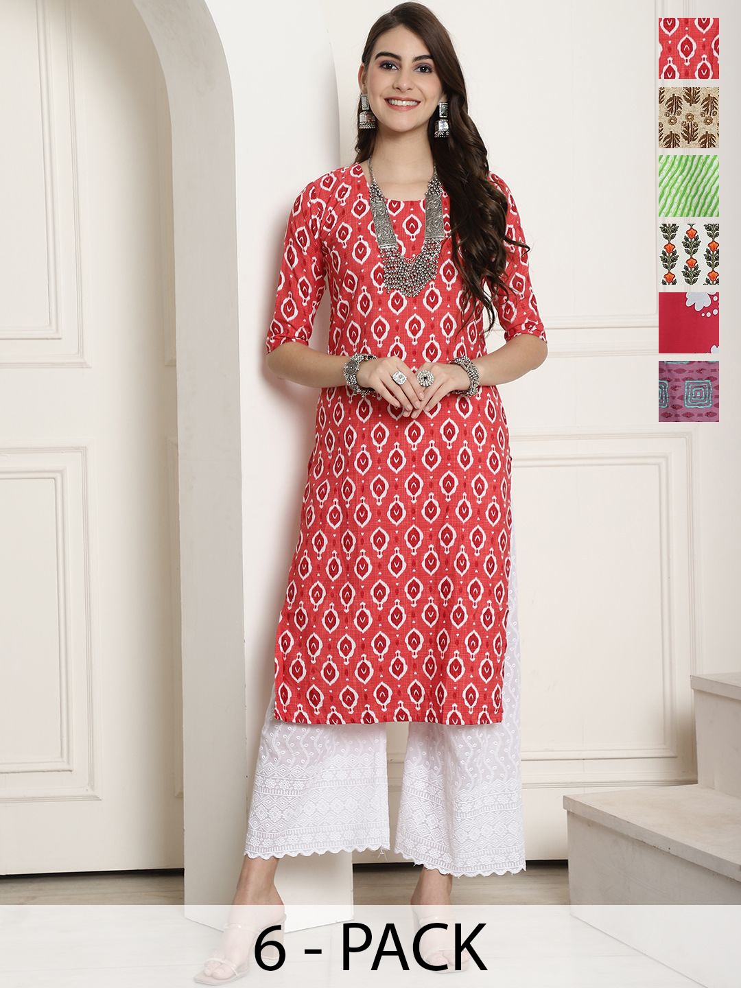 

7Threads Selection 0f 6 Floral Printed Round Neck Straight Crepe Kurta, Red