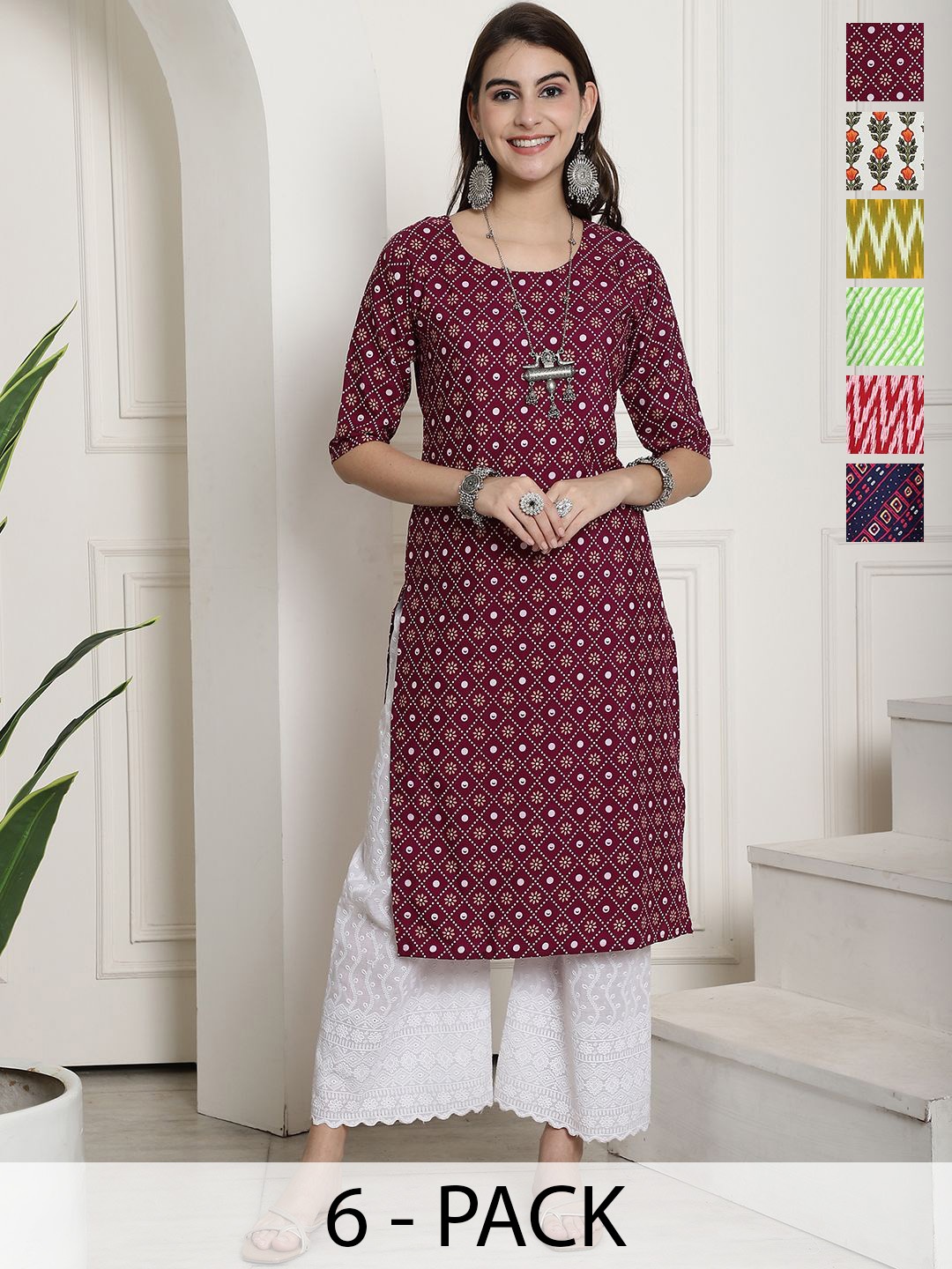 

7Threads Selection 0f 6 Floral Printed Round Neck Straight Crepe Kurta, Burgundy