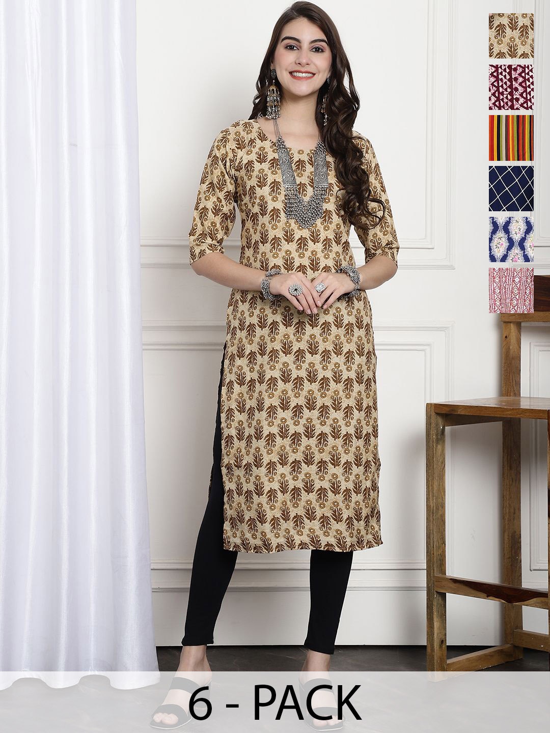 

7Threads Selection 0f 6 Ethnic Motifs Printed Round Neck Straight Crepe Kurta, Beige