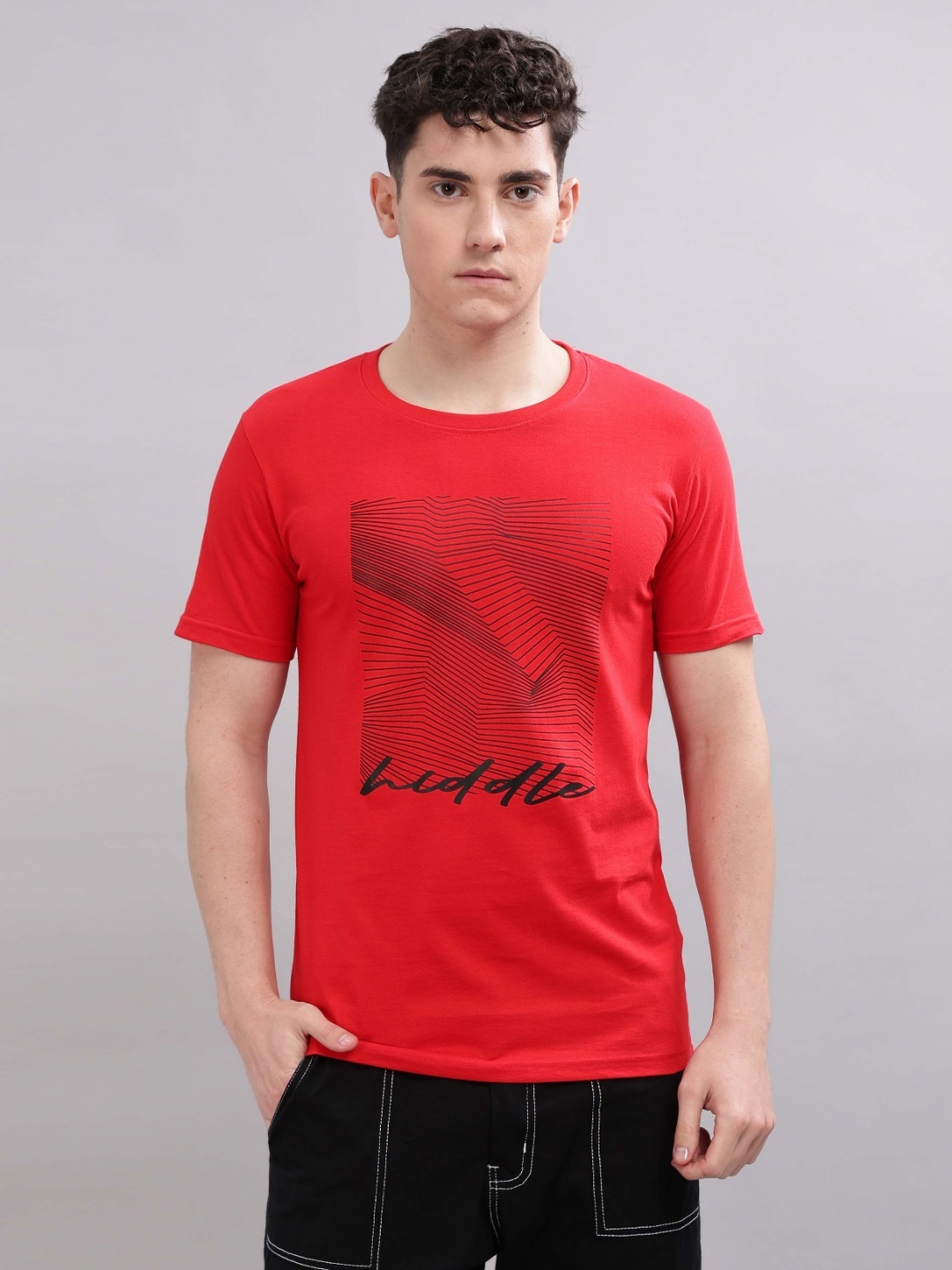 

TOMHIDDLE Men Abstract Printed Round Neck Cotton T-shirt, Red