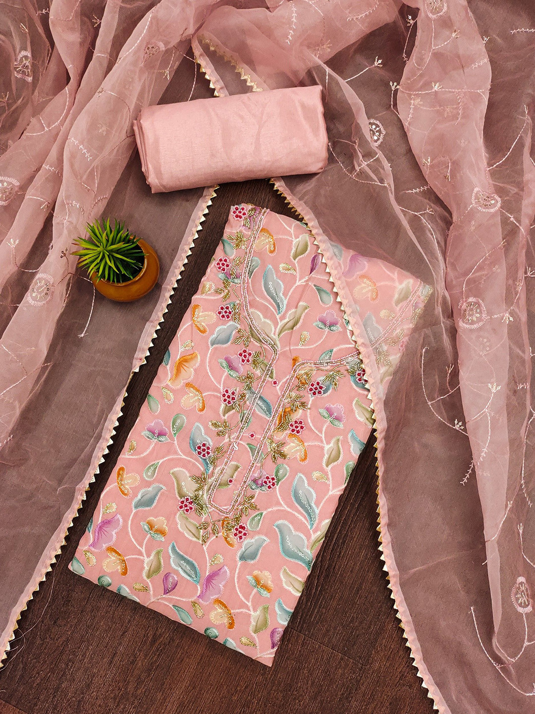 

LeeliPeeri Designer Floral Printed Beads and Stones Organza Unstitched Dress Material, Peach